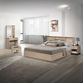 Danube Home Gamorah 5 Pieces Bed Set King Size + Night Stand + Dresser And Stool With Mirror | Comfortable Bedset Full | Sturdy Modern Design Wooden Bed Room Set Furnitures (Sonoma Dark Oak, King)