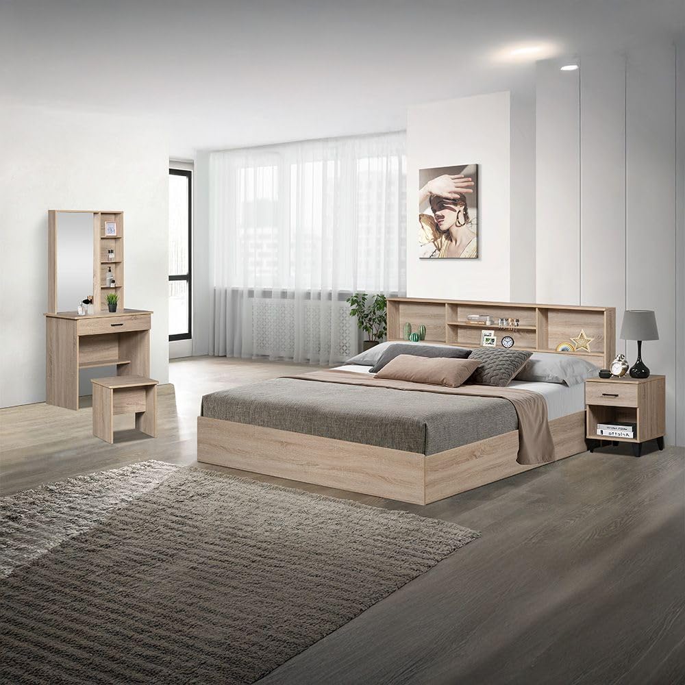 Danube HomeGamorah 5 Pieces Bed Set King Size + Night Stand + Dresser And Stool With Mirror | Comfortable Bedset Full | Sturdy Modern Design Wooden Bed Room Set Furnitures (Sonoma Dark Oak, King)