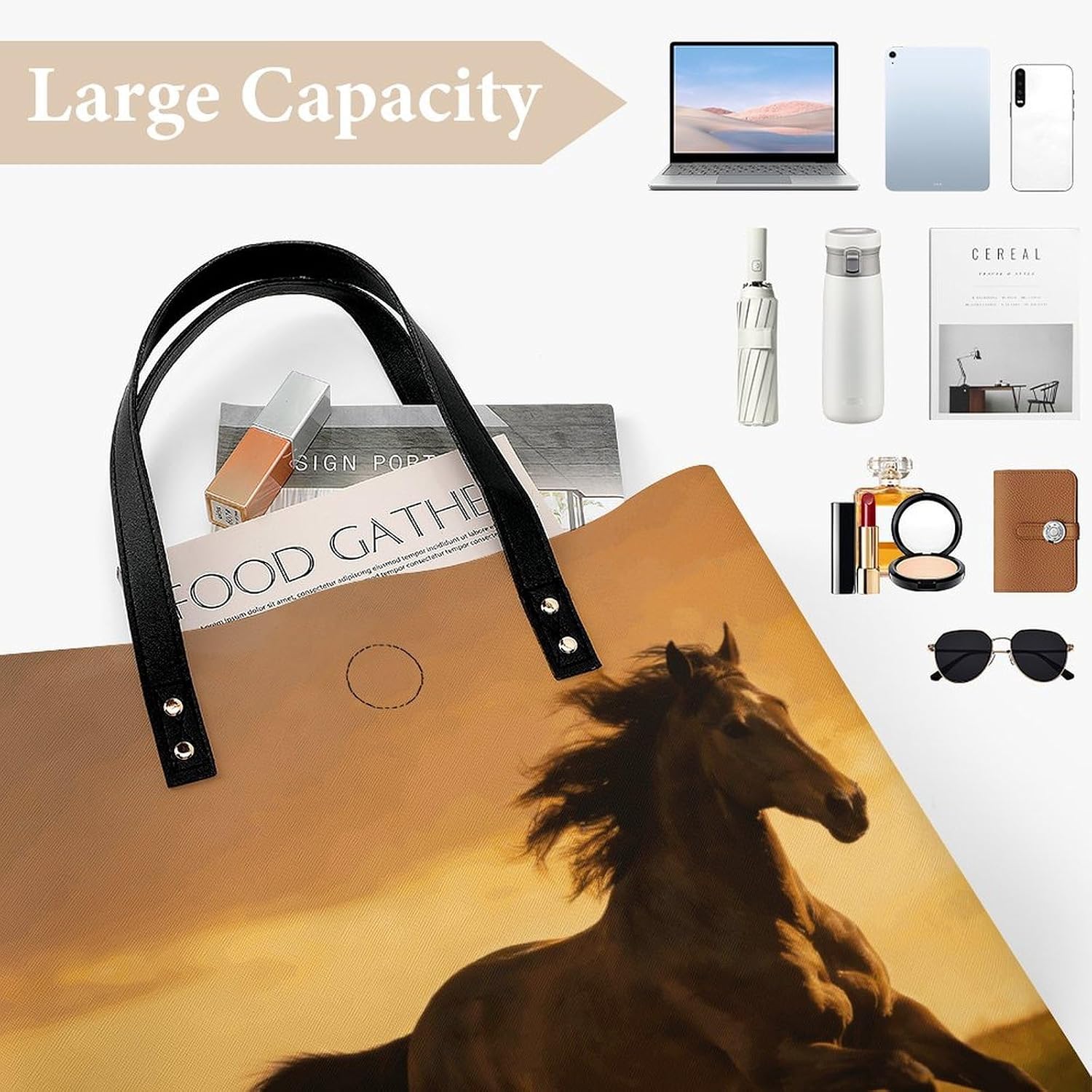 Galloping Horse Tote Bag with Magnetic Buckle Reusable Grocery Bags Lightweight Cross Body Handbag for Daily Essentials