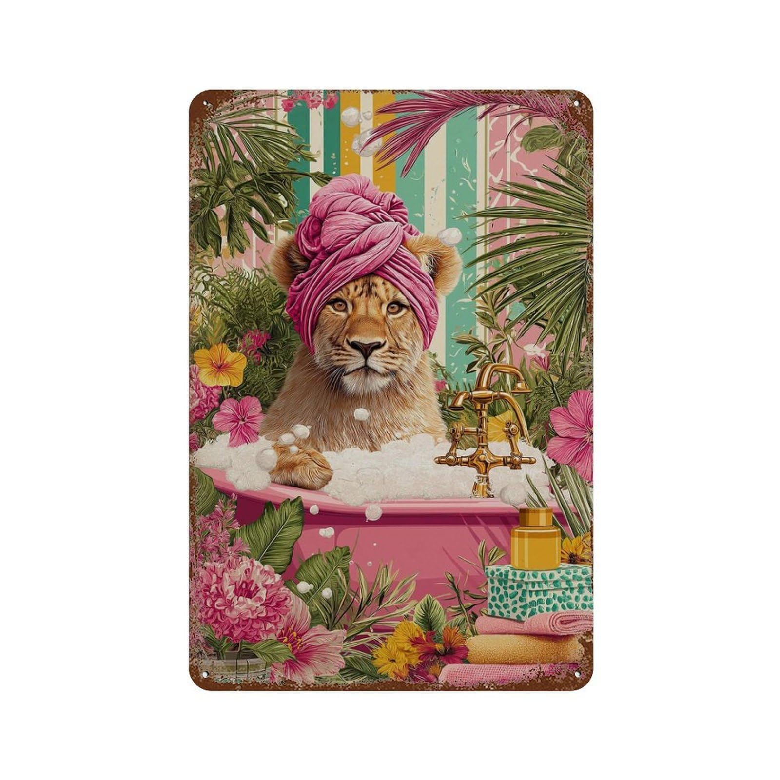 xiaoxiaoshen Lion in Bathtub Whimsical Jungle Bathroom Tropical Animal Colorful Boho Fun Maxi Wall Decor Art Metal Tin Poster Modern Home Decor Art Home Bar Shop Decorations Vintage Sign 30x20cm
