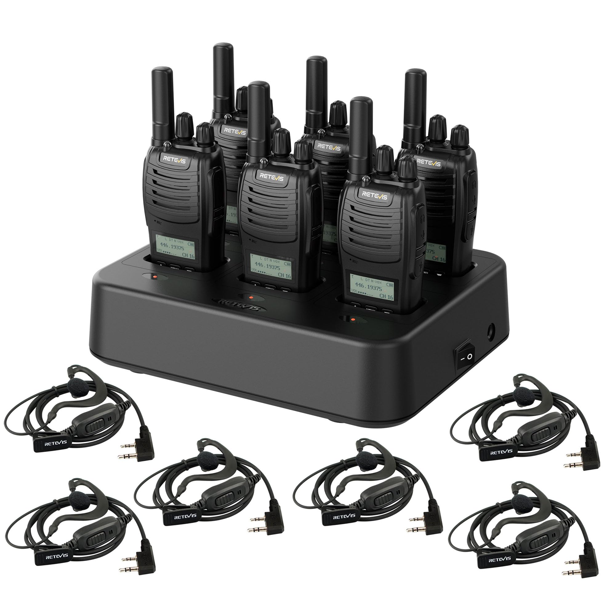 Retevis H777D Walkie Talkie con Auricular, PMR446 Walkie-Talkie Profesional con Cargador de 6 Vías, Pantalla LCD, Botón, Radio Bidireccional Portátil para Tiendas, Seguridad (Negro, 6 Pcs)