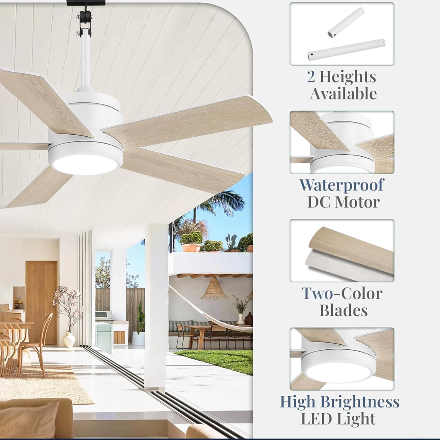Ventilateur Plafond 106CM avec Lumiere IP65 Étanche Dimmable Télécommande Silencieux pour Intérieur Extérieur