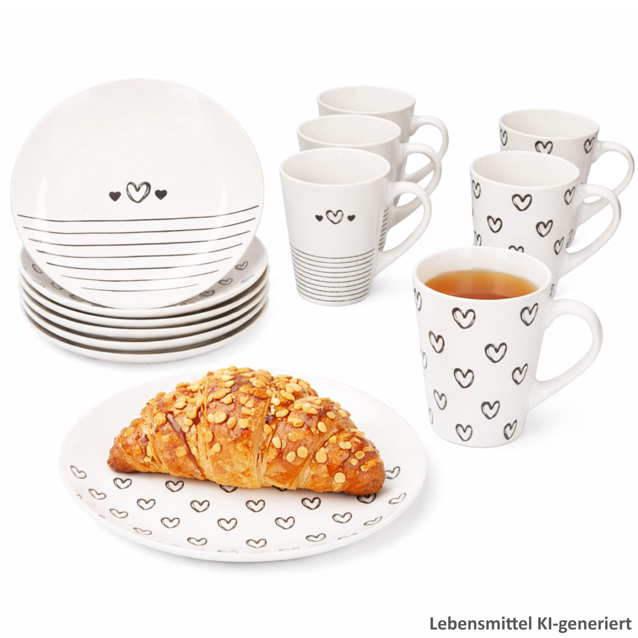 MamboCat Cupid 12tlg Frühstücksset I 6x Kuchenteller Ø18,5cm & 6x Kaffeebecher 350ml I Porzellan Geschirr schwarz-weiß mit Herz & Streifen Dekor I für Frühstück & Kaffeezeit