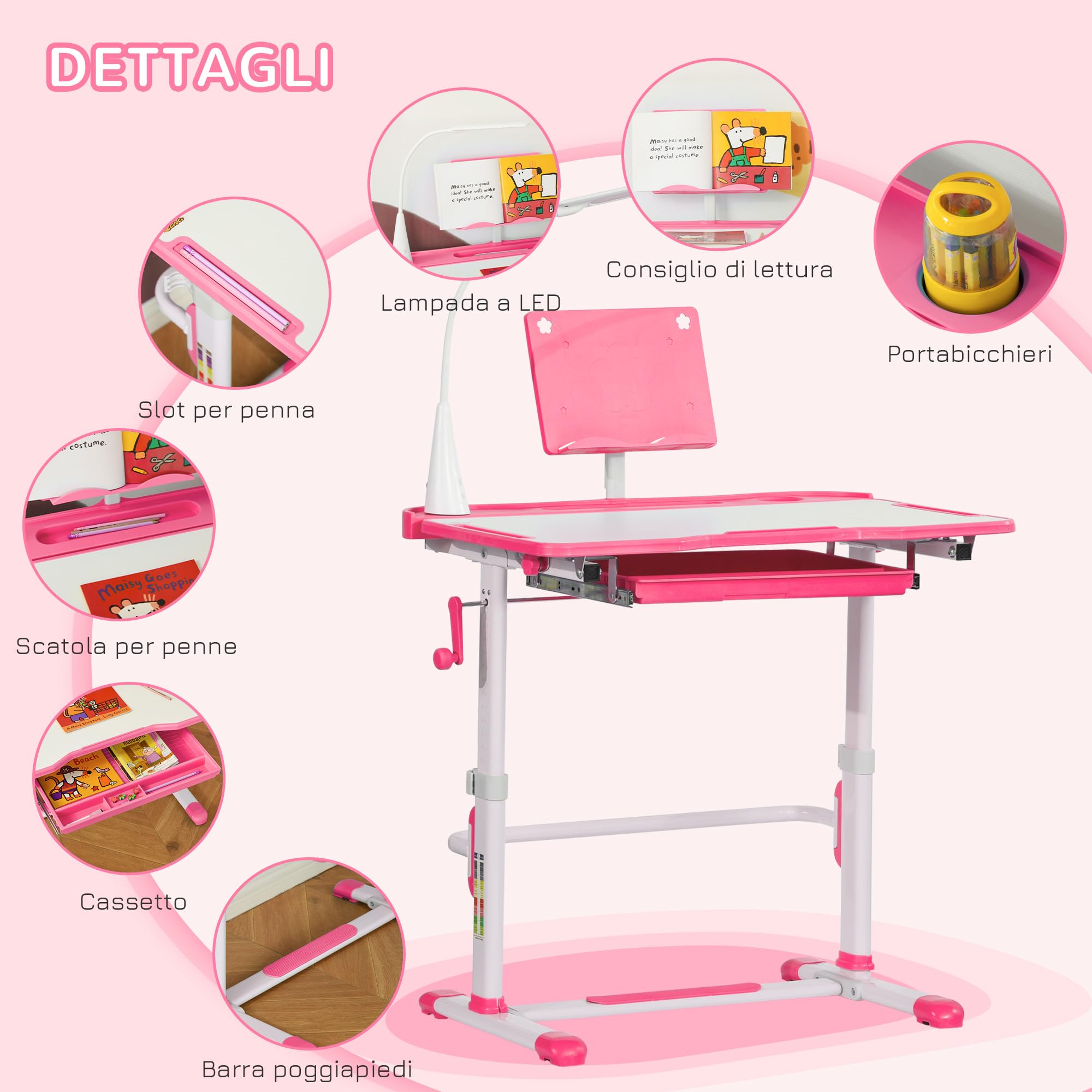 HOMCOM Scrivania per Bambini con Sedia Regolabile in Altezza, Set Banco Scuola con Cassetto, Luce e Piano Inclinabile a 45°, Età 6-12 Anni, Rosa