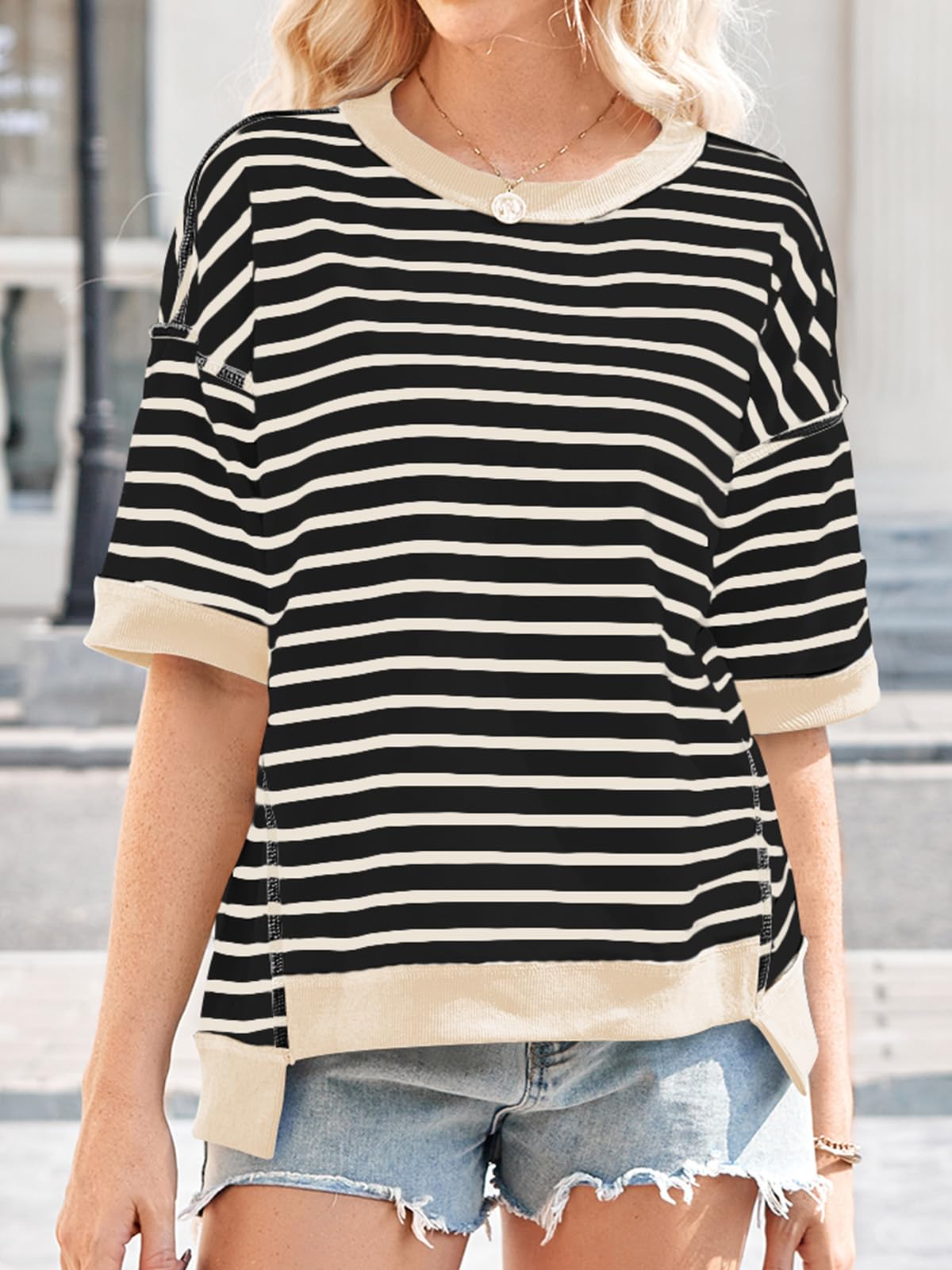 Poetsky damskie topy oversize na co dzień koszule w paski z krótkim rękawem lato okrągły dekolt pulower bluza luźne bluzki