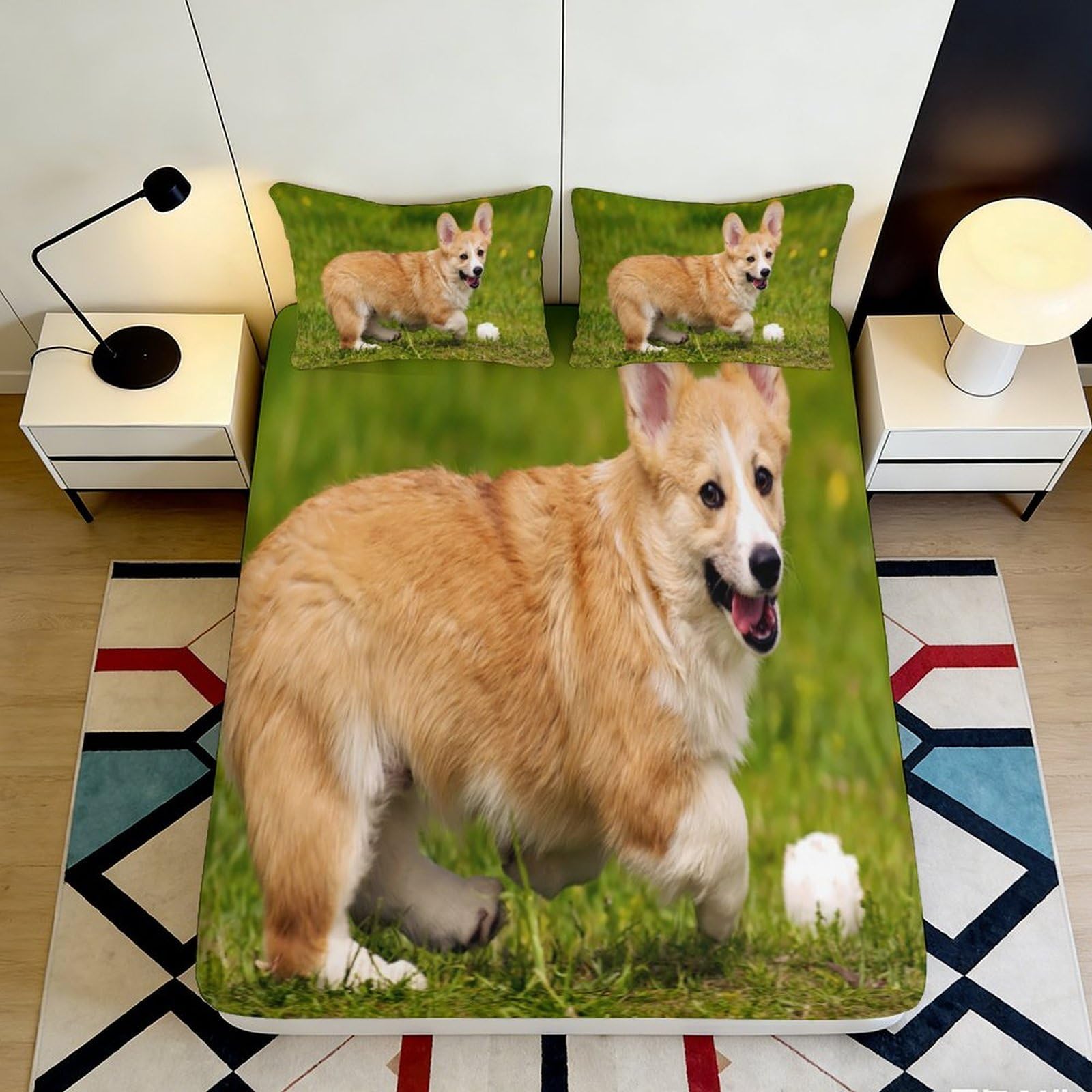 3D Printed Corgi Dog Fitted Sheet Microfiber Soft Surface Animal Meadow Bed Cover for Bedroom Guest Room Decor 90x200x25cm