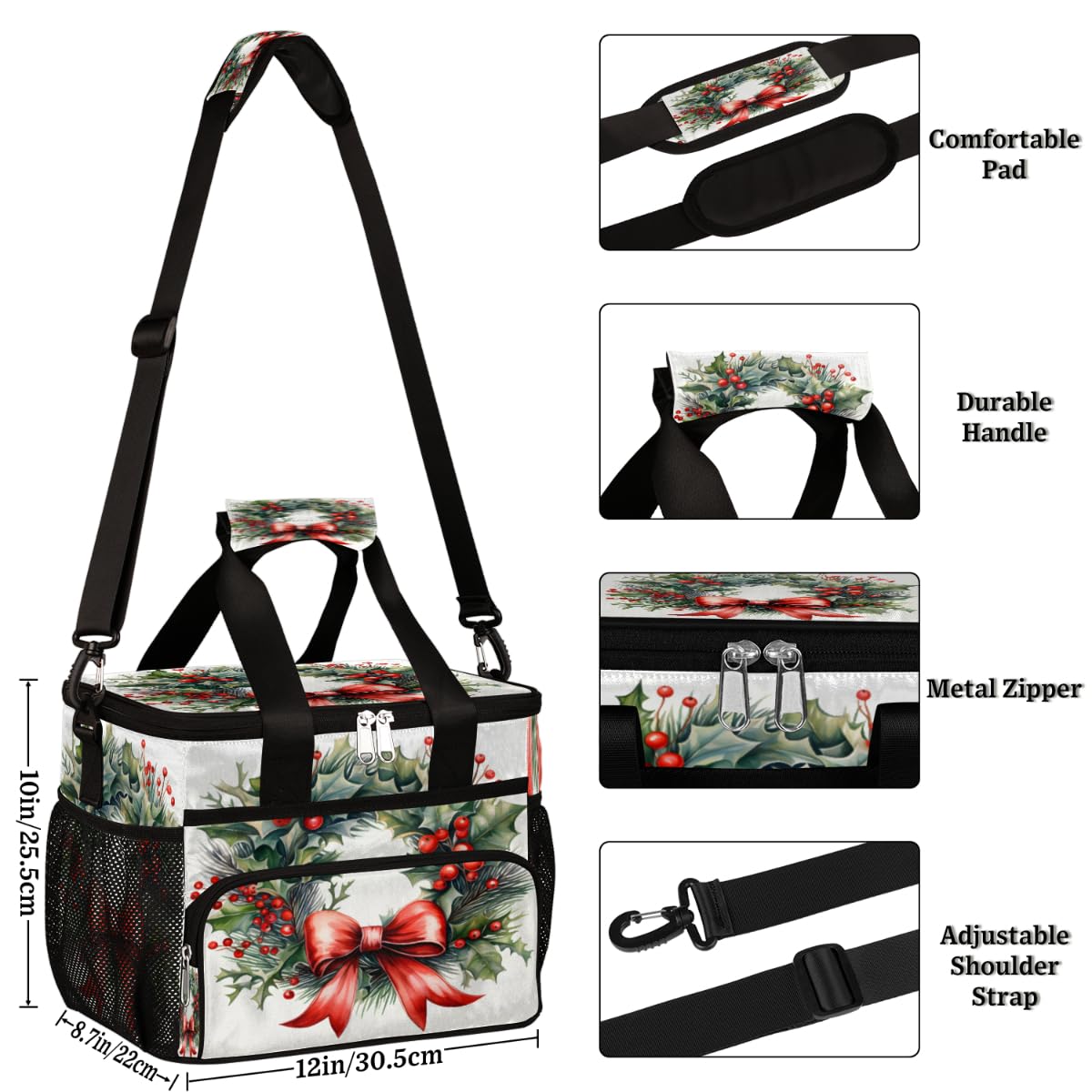 Insulated Picnic Backpack Lunch Box for Women Men Picnic Basket Tote Lunch Bag Picnic Bag Portable Lunch Bags for Picnic, Beach, Work, Trip,Office, Camp Holly Berries Christmas