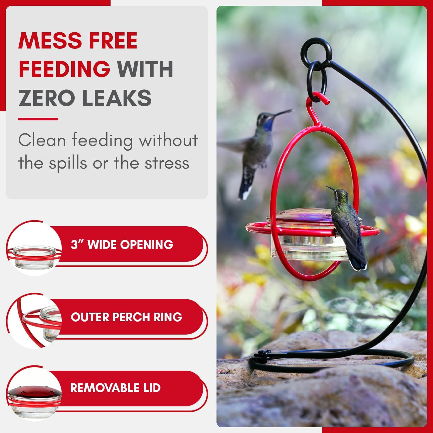 Hummingbird Feeder for Outdoors Hanging, 3.4 OZ Hummingbird Feeders, Glass Bowl with 4 Feeding Ports, Leak Proof Lid & Circular Perch, Bird Feeder (1, Red) - Image 4