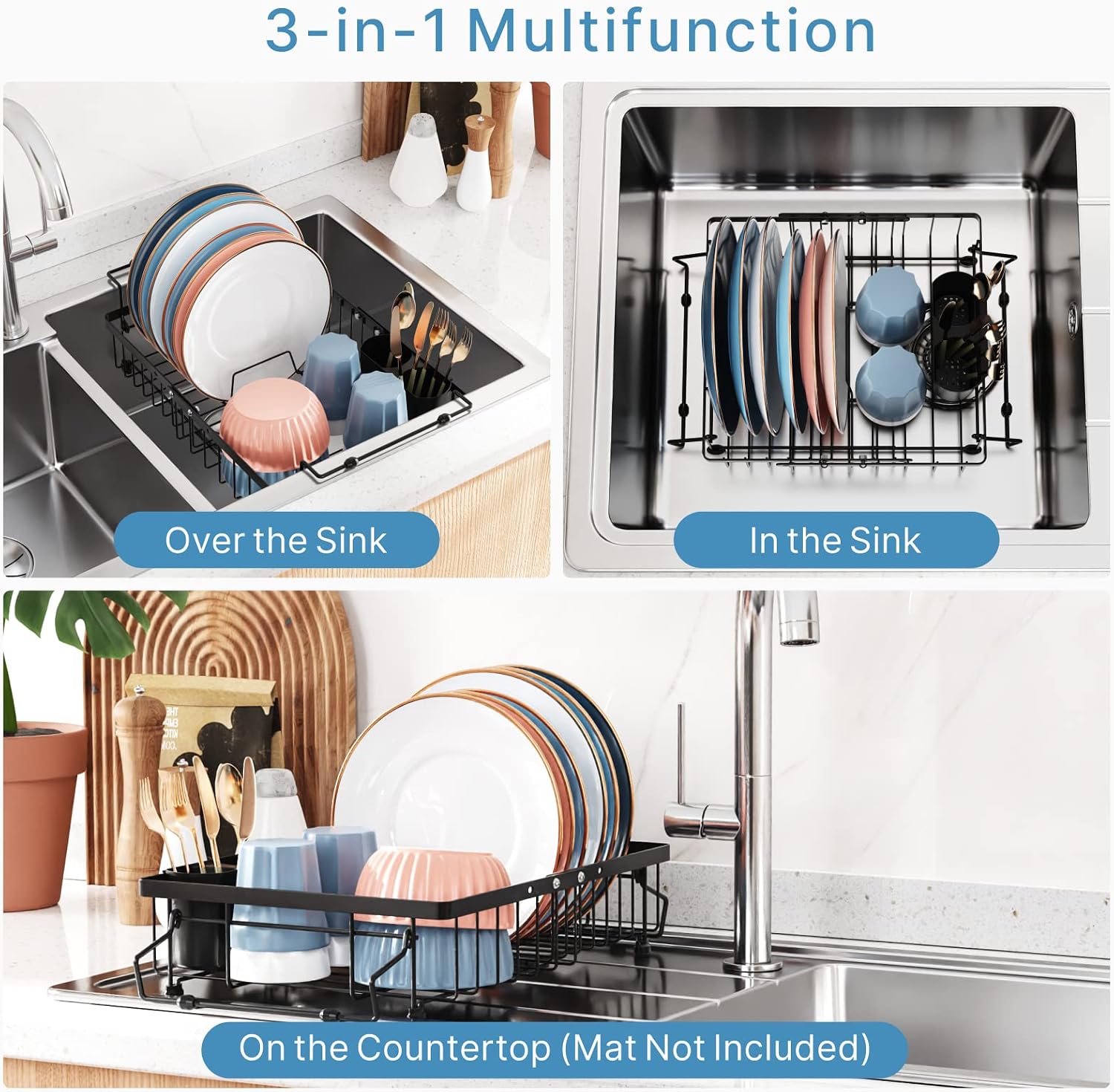 iSPECLE Sink Dish Drying Rack - 3 Sizes Adjustable Dish Rack(13.5'',15.3'',17'') - Over Sink Drying Rack, in Sink or on Counter Dish Drainer with Removable Cutlery Holder Large Capacity, Black