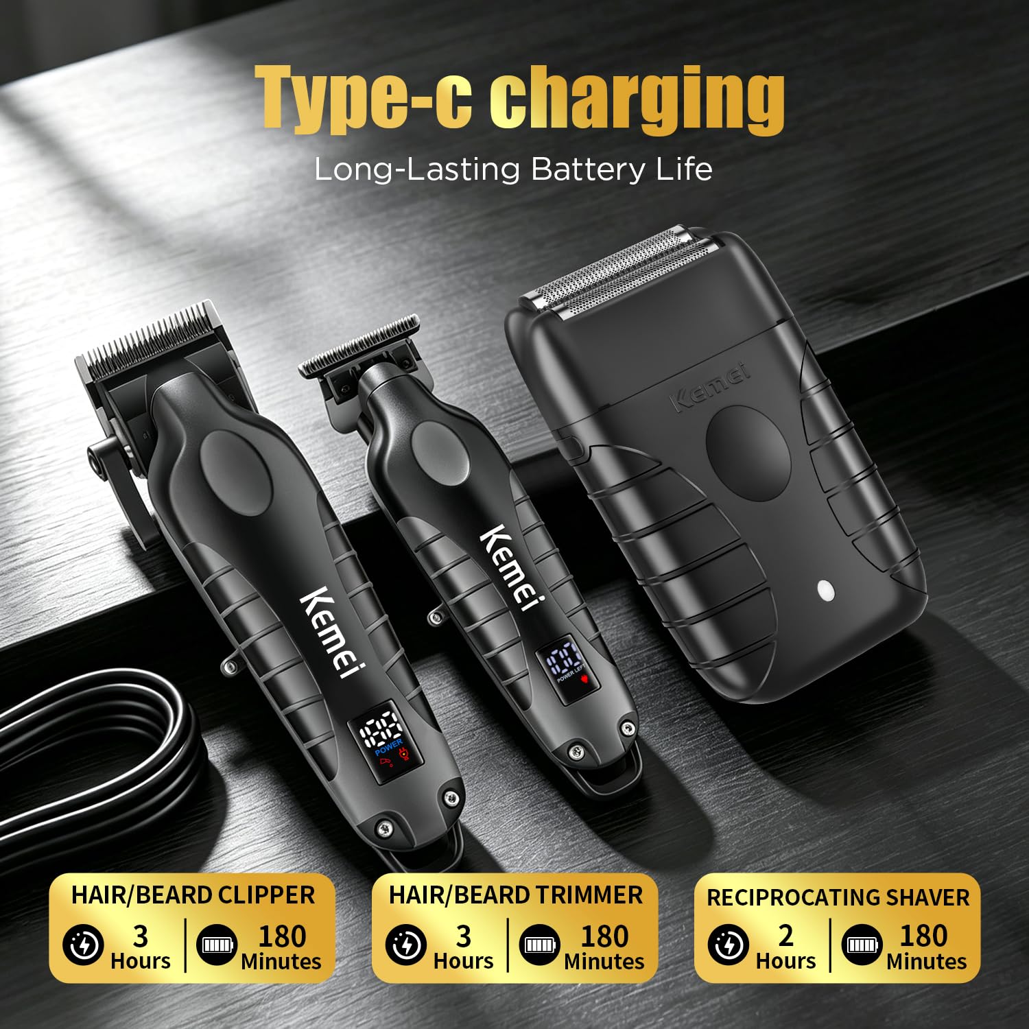 KEMEI Tondeuse à cheveux professionnelle sans fil, tondeuse de barbier complète avec lame T, kit électrique 9 guides, recharge USB, écran LED