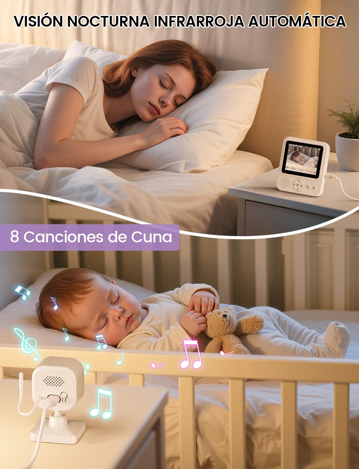 Vigilabebes con Cámara, Camara Vigilancia Bebe Inteligente con Pantalla HD 720P de 2.8'', 2000 mAh Batería, Zoom 2X 4X, VOX, Visión Nocturna, Monitoreo de Temperatura, Comunicación Bidireccional