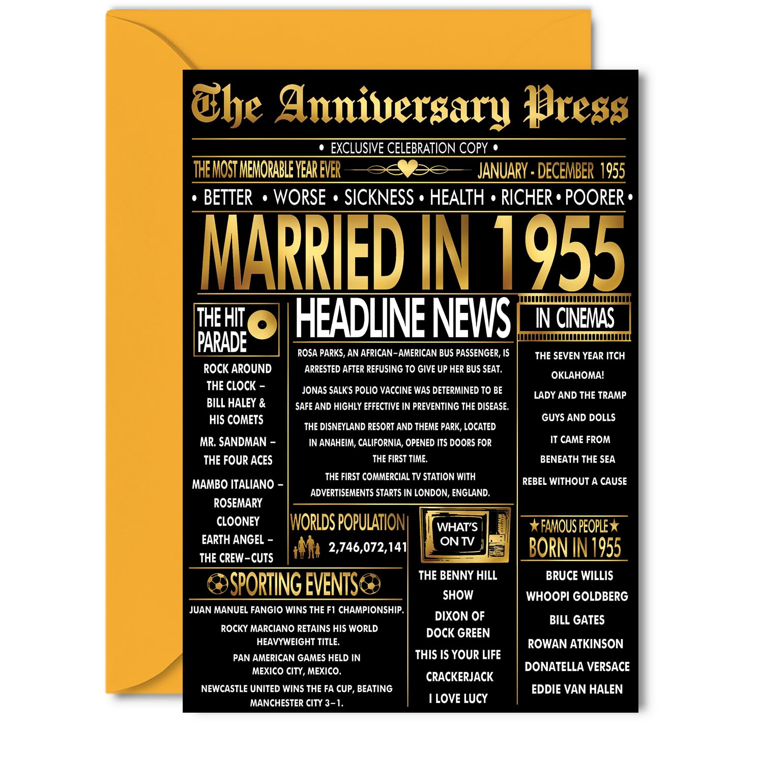 Gold 71st Anniversary Card for Women Men - Golden Newspaper Married in 1955-71 Year Wedding Anniversary Card for Husband Partner Wife Companion, 5x7 Inch Anniversaries Greeting Cards