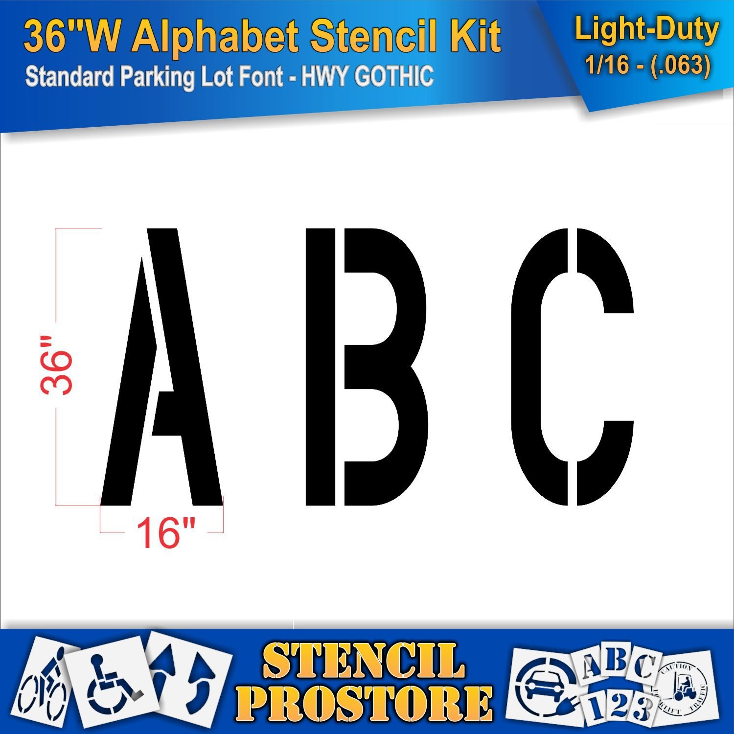 Pavement Stencils - 36 inch Alphabet KIT Stencil Set - (28 Piece) - 36" x 16" x 1/16" (63 mil) - Light-Duty