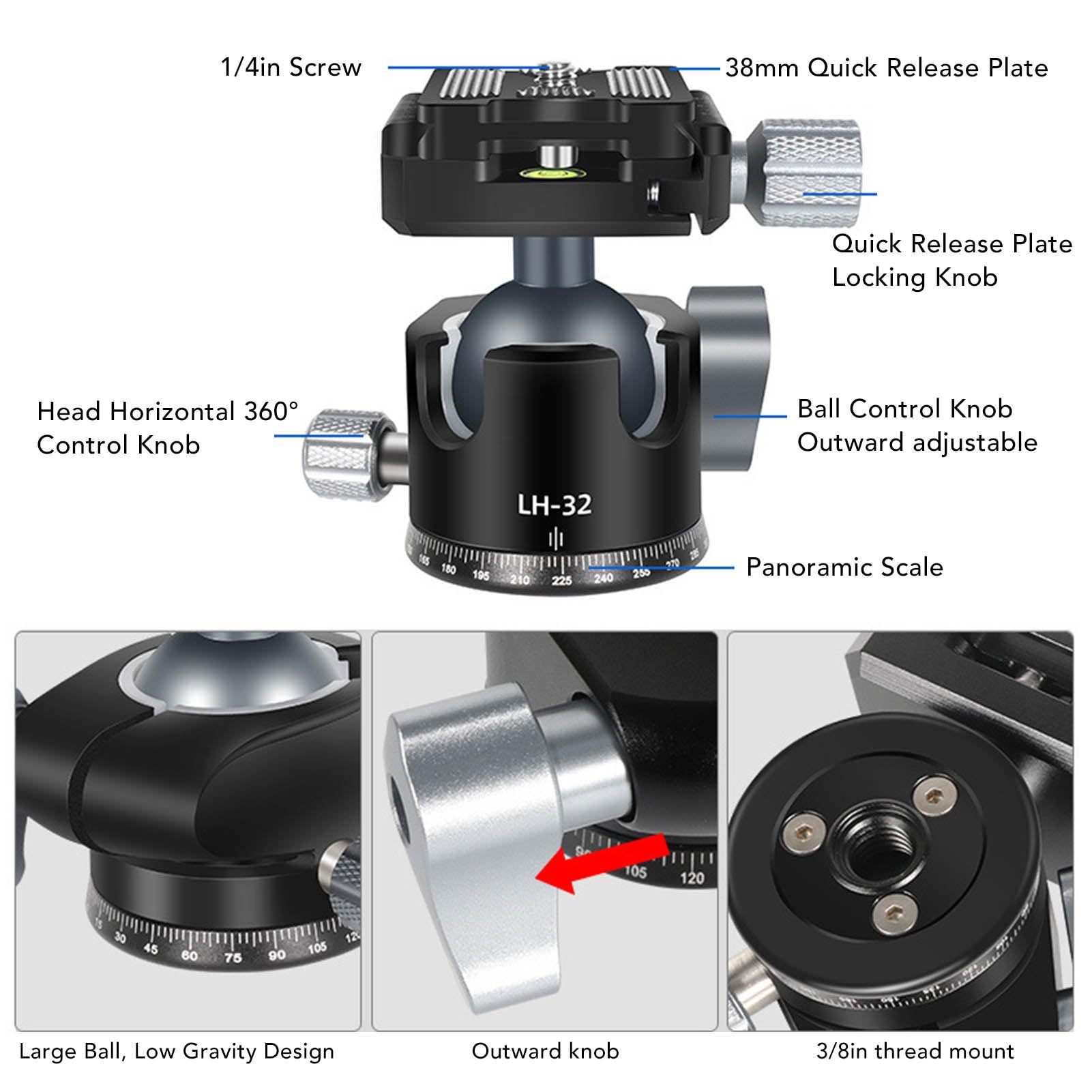 Mini Rótula de Bola, Rótula de Bola para Trípode de Cámara, Aluminio Panorámico de 360 ​​Grados con Placa de Liberación Rápida de 3/8para Videocámara con Cámara DSLR monopié