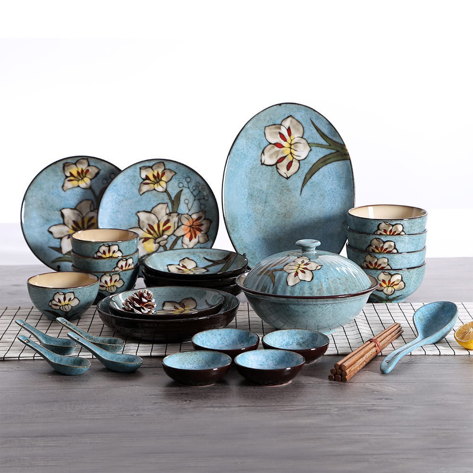 26-częściowy porcelanowy zestaw obiadowy, kompletny zestaw naczyń z talerzami płaskimi, talerzami deserowymi, głębokimi talerzami i miseczkami na płatki śniadaniowe, zestaw naczyń dla 4 osób