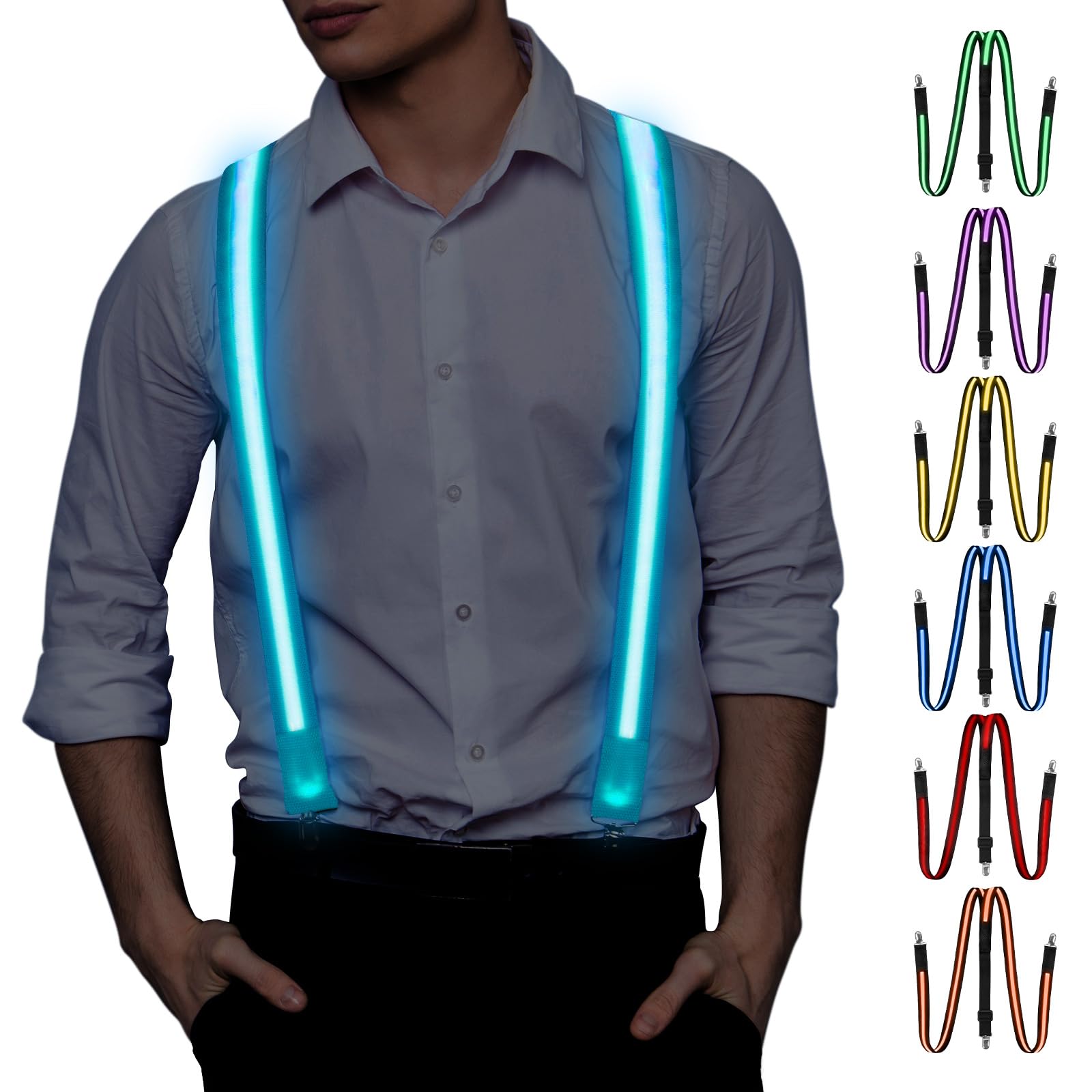 Ainiv Light Up Suspenders, Man LED Luminous Suspenders, 3 Flash Modes LED Glow Suspenders, Adjustable Illuminated Bow Ties with Zipper, Costume Accessory for Parties, Bars, Halloween, School(7 colors)