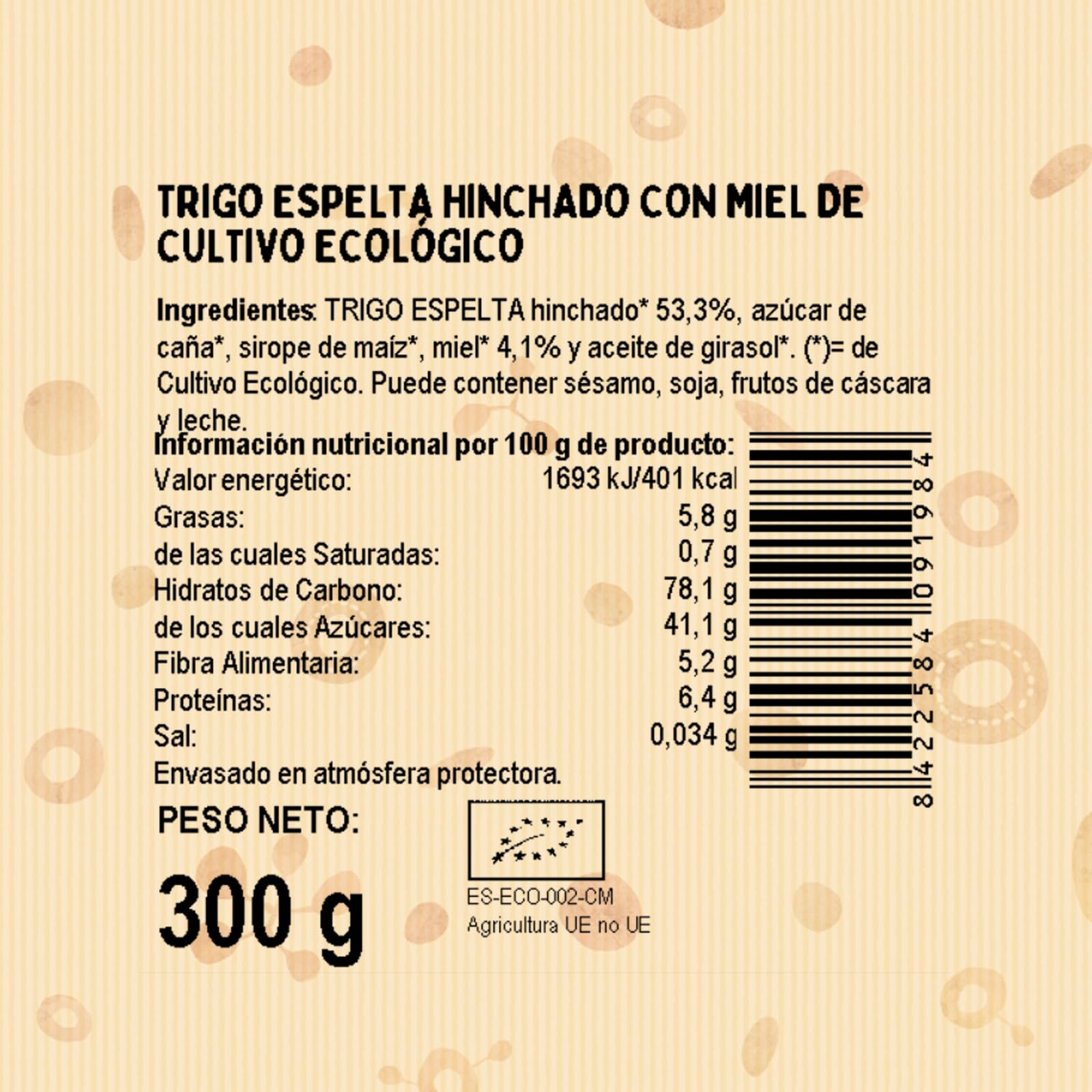 EL GRANERO INTEGRAL TRIGO ESPELTA HINCHADO CON MIEL BIO, 300 g