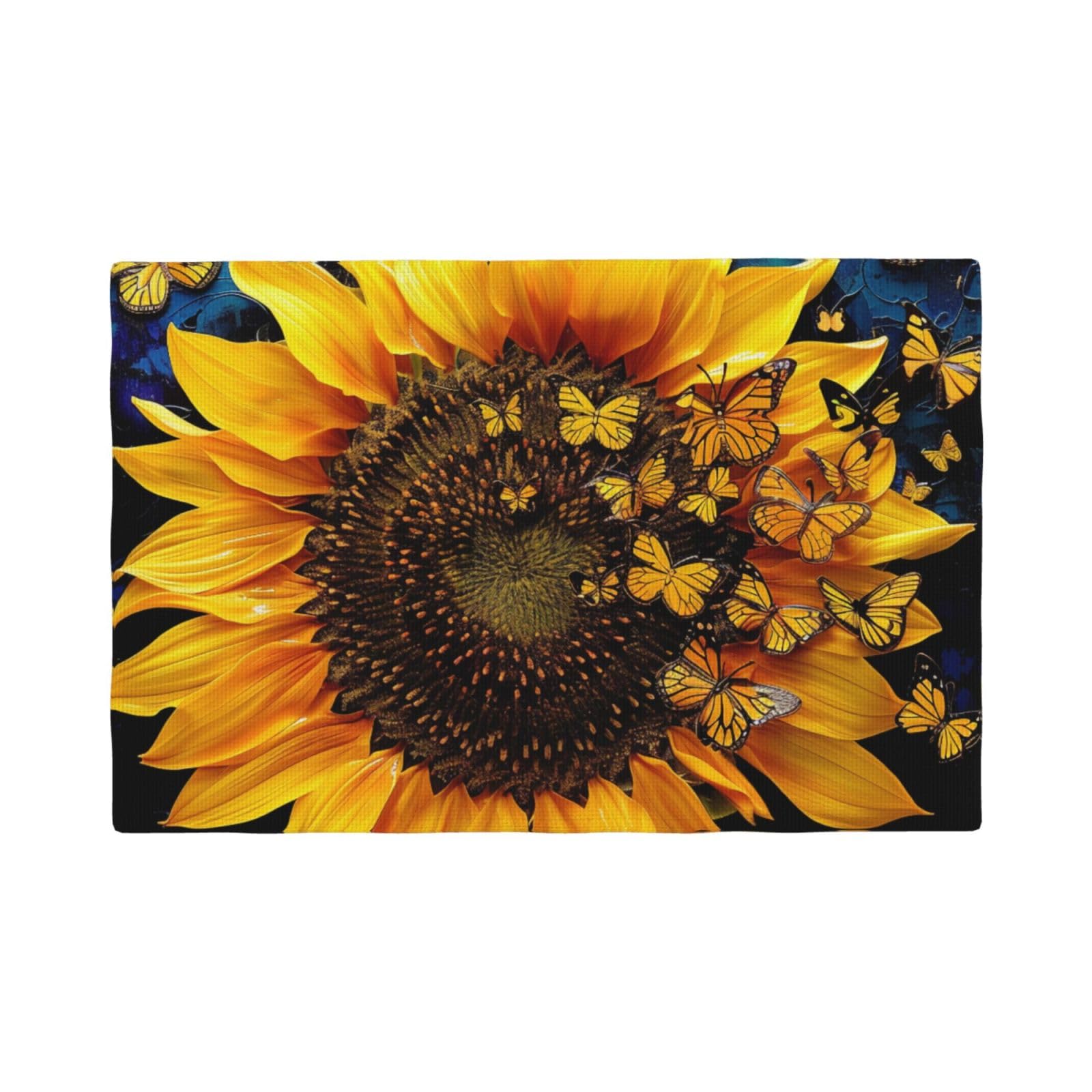 Sunflower Floral Butterflies Art Print Placemats Set, Heat Resistant Washable Placemat 12x18in Table Mats for Party Kitchen Dining Table Decoration Indoor Outdoor, Six Piece