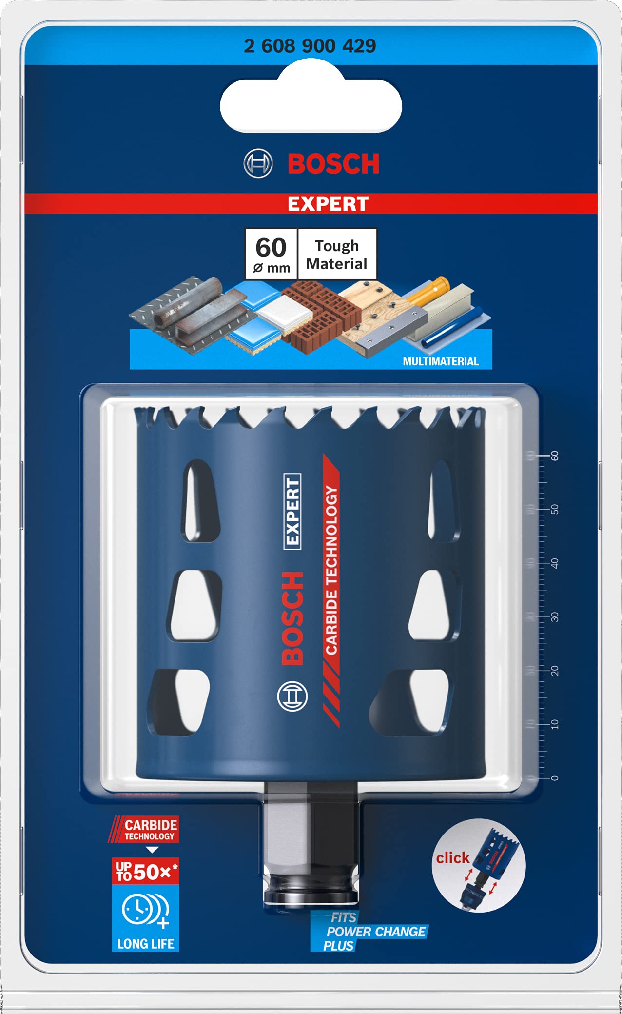Bosch 1x Sega a tazza EXPERT Multi Material Power Change Plus (per Legno con metallo, Mattone, Ø 60 mm, Professional Accessorio Trapano)