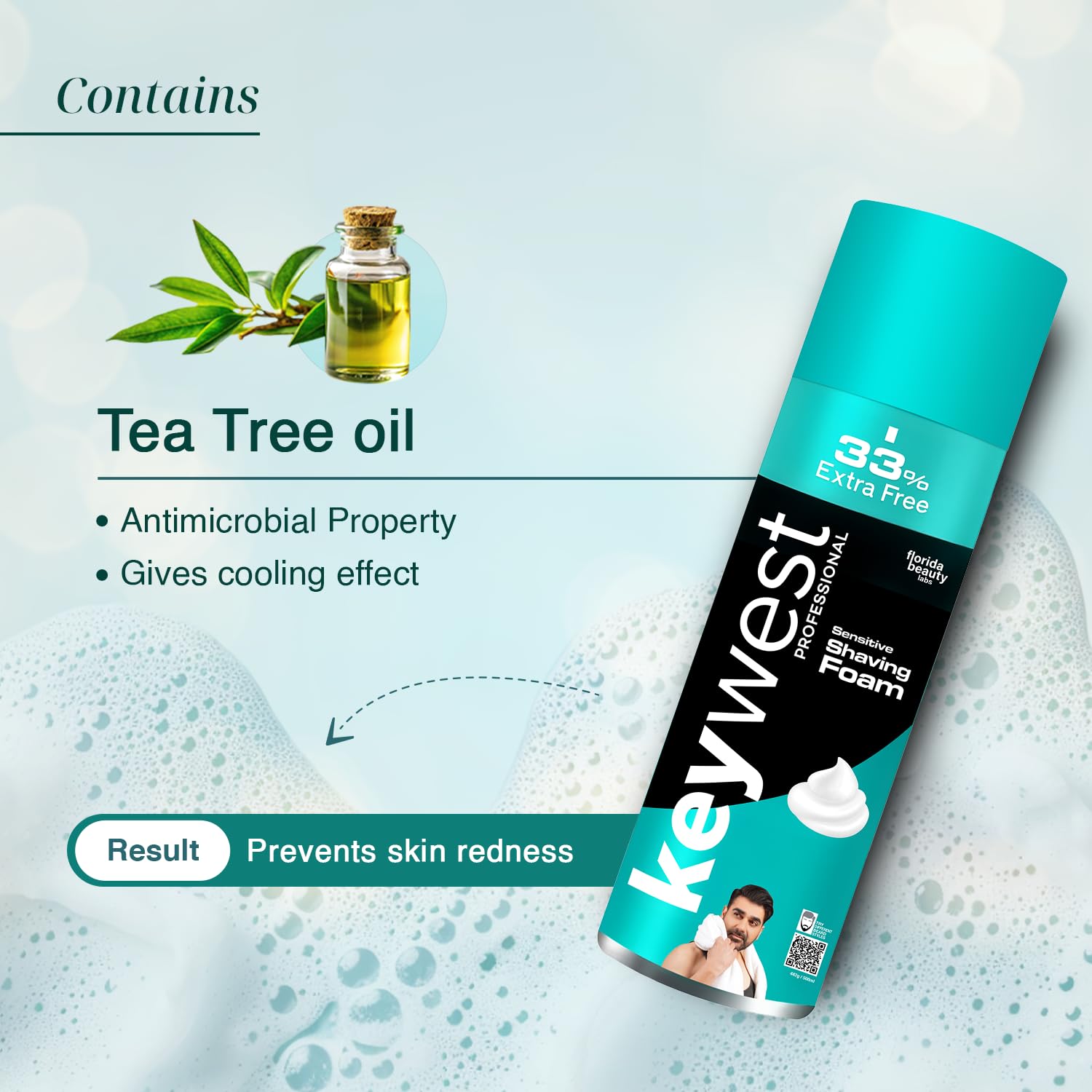 Keywest Sensitive Pre Shaving Foam for Men 482gm (33% Extra Free) | Shave Foam for Men Sensitive Skin | More Than 120 Shaves | Enriched with Tea Tree Oil & Aloe Vera 1