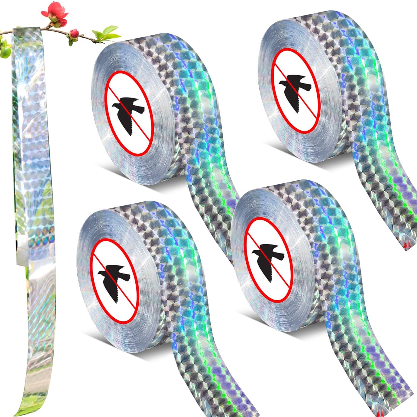 4 Pieces Bird Scare Tape Ribbon,4 * 328 Feet Reflective Tape Keep Birds Away Outdoor,Double Side Bird Flash Tape, Scare Geese, Pigeon, Duck, Woodpecker, for Outdoor, House, Garden, Patio, Orchard