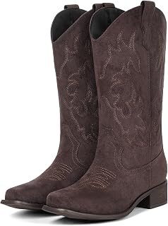 IUV Cowboy Boots For Women Square Toe Wide Suede Western Mid Calf Cowgirl Boot