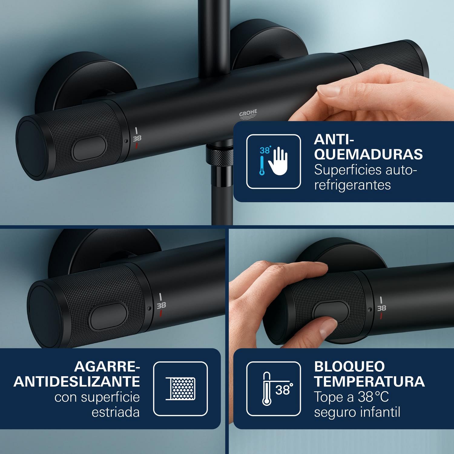 GROHE Vitalio Joy 260 - Sistema de ducha con termostato y bandeja (Ahorro de agua, Cabezal 26cm 3 chorros con rótula, Teleducha 11cm 3 chorros, Flexo 1.75m), Negro Mate, 264032432