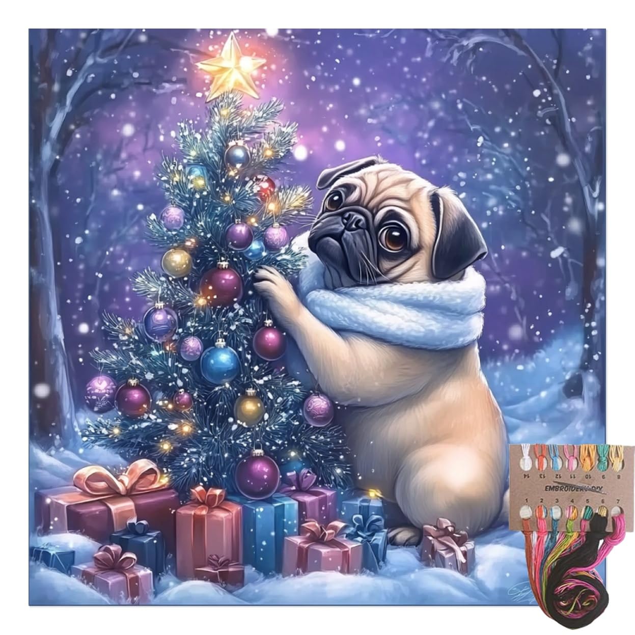 Tansy Vale Pug Christmas 11CT Pre-Printed Cross Stitch Kits for Adults & Beginners, Pattern Needlepoint Kit Crafts for Home Decor Gifts 16x16 Inch 13565