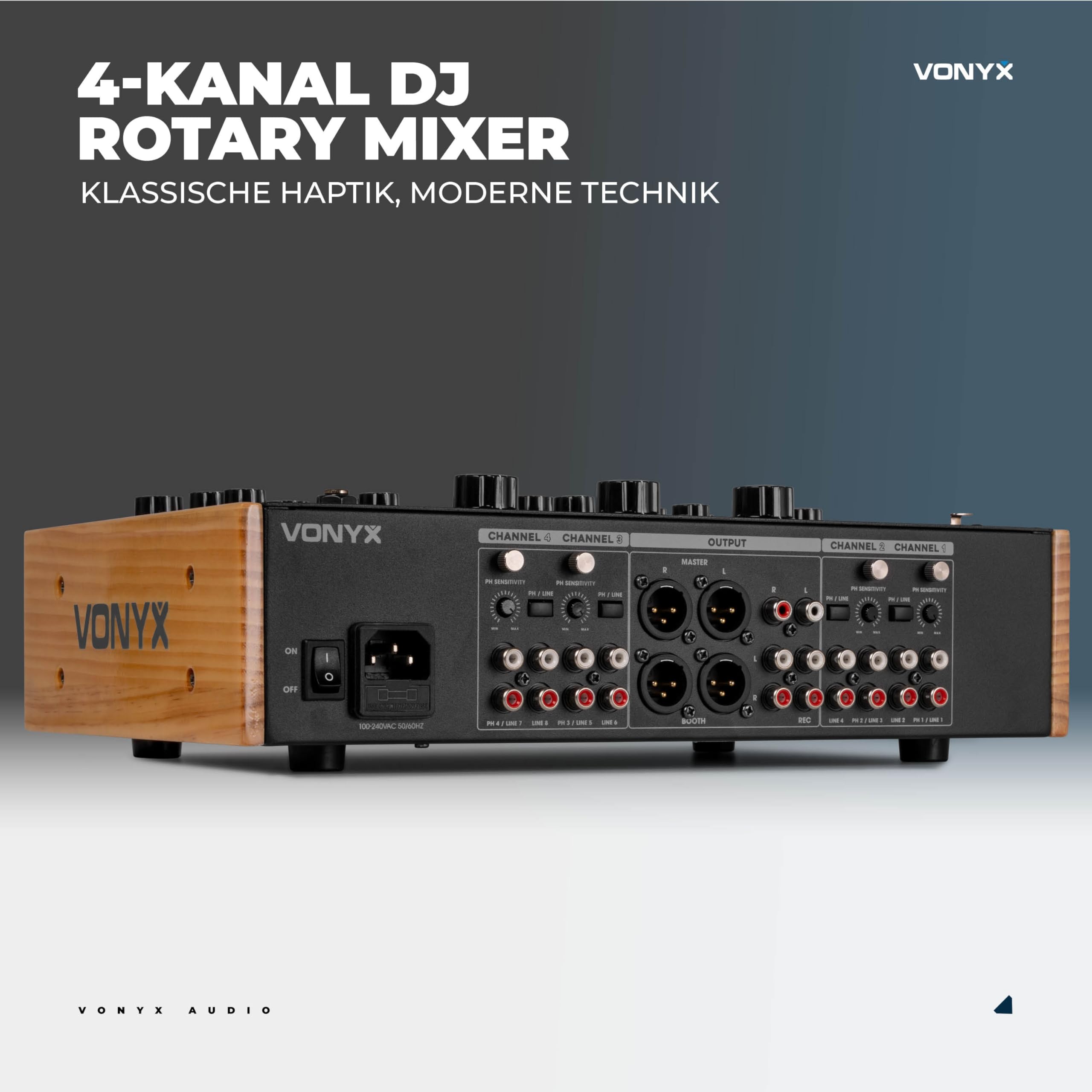 Vonyx VDJ270 DJ Mischpult 4 Kanal – Analog Rotary Audio Mixer mit 2-Band EQ & XLR – Retro DJ Mischer Schwarz Holzoptik – Sound Mixer für Vinyl & Club – Inkl. Booth Output & Mic Input