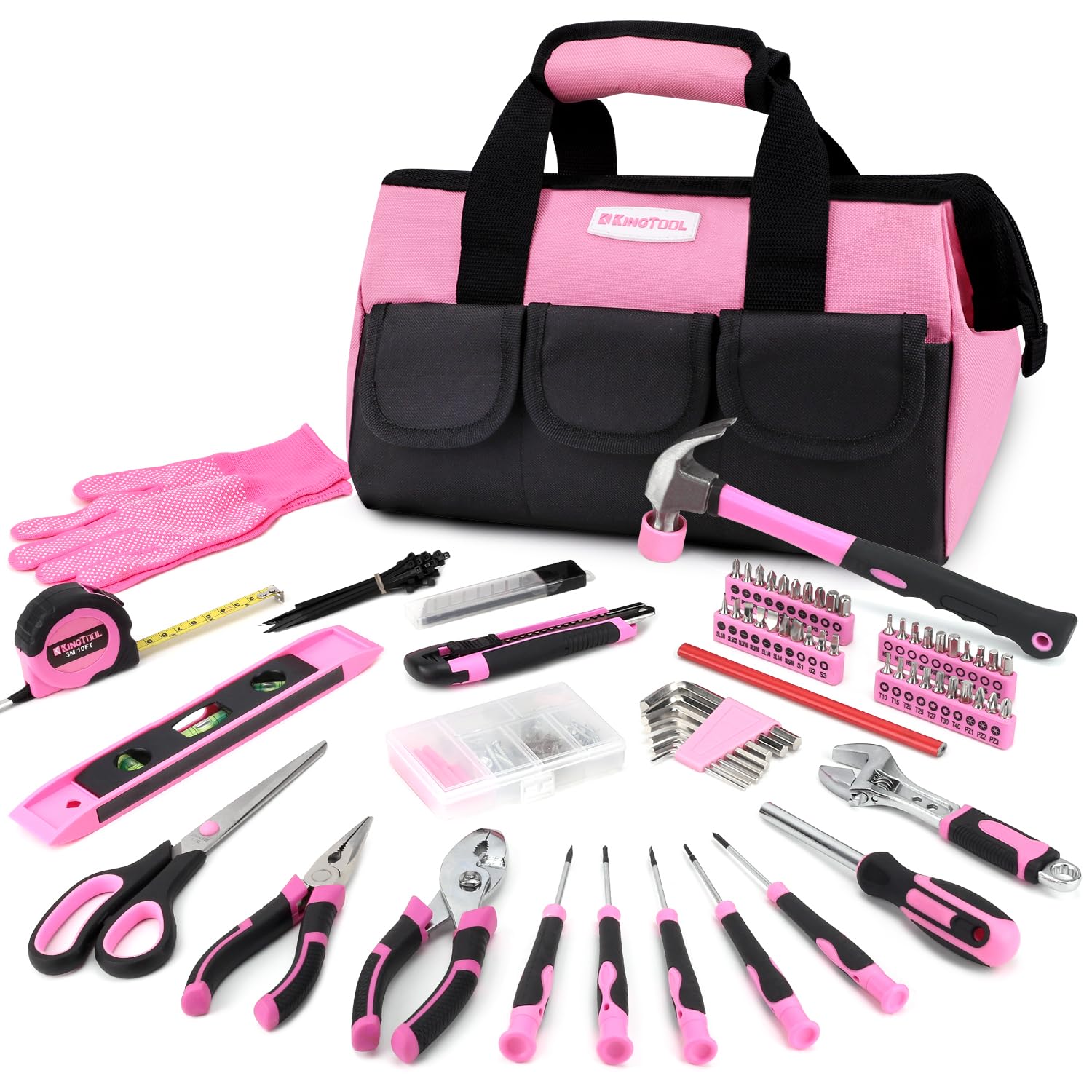 KingTool 275-Piece Pink Tool Set - Pink Tool Kit with 12" Wide Mouth Open Pink Tool Storage Bag, Womens Tool Kit for House, Perfect for DIY Projects & Home Repairs