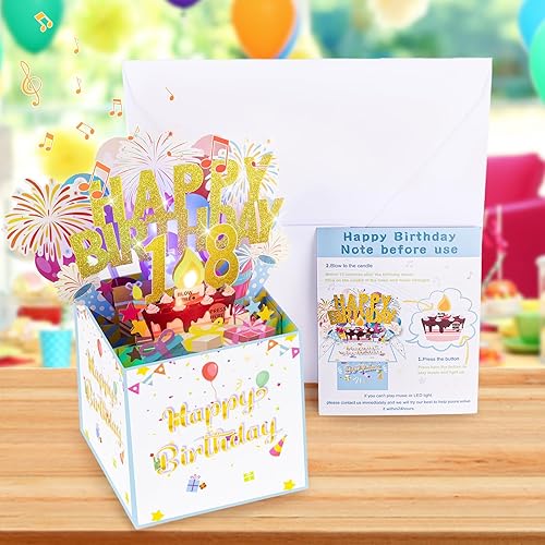 Miniatura 5 de Tnvee Tarjetas de cumpleaños número 18 con luces, música y velas, tarjetas de felicitación de feliz cumpleaños emergentes en 3D para niñas y amigos
