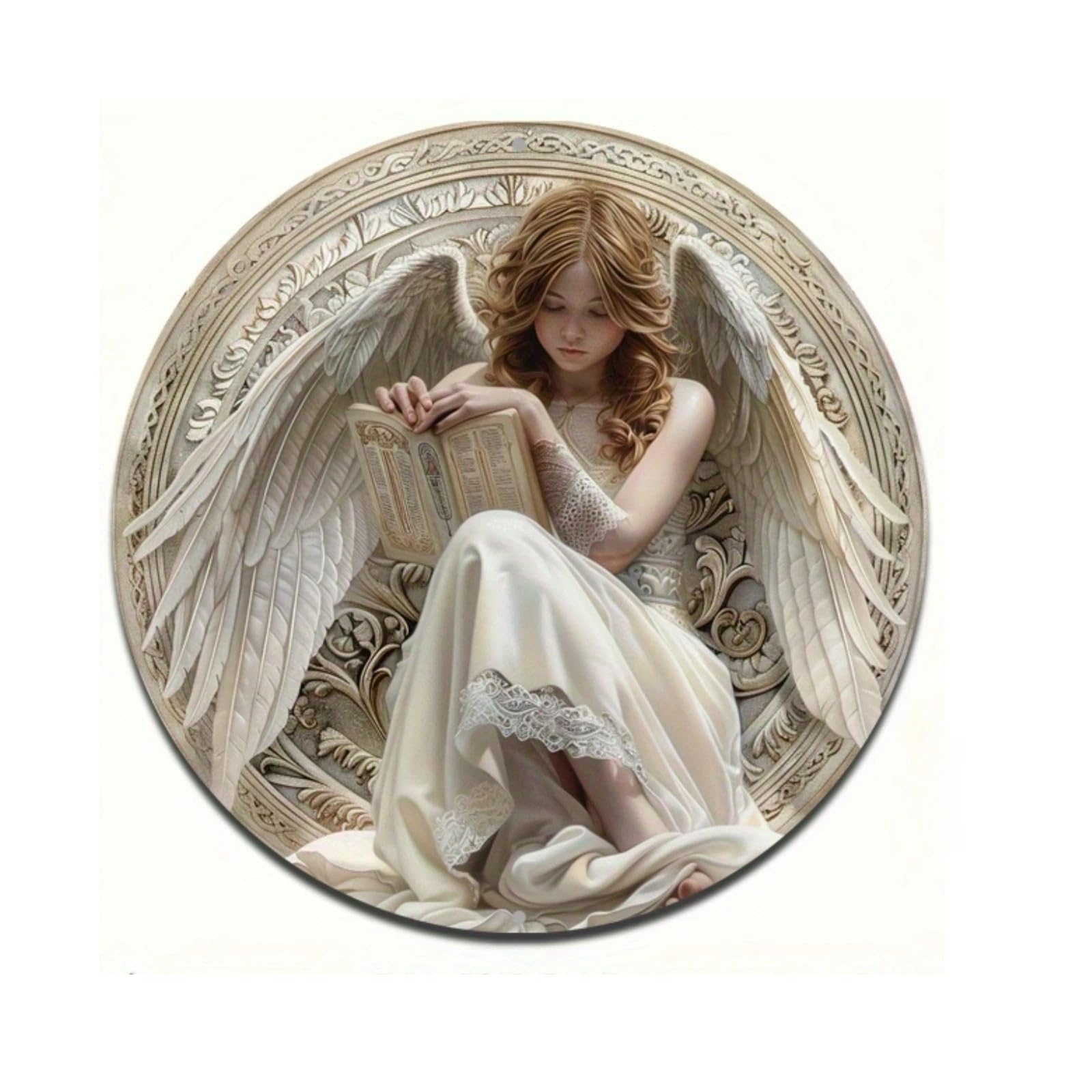Artistic Angelic Reading Book Theme Round Sign Wall Hanging Ornament Wooden Front Door Plaques Farmhouse Decoration Gift Round Wall Hanging Plaques