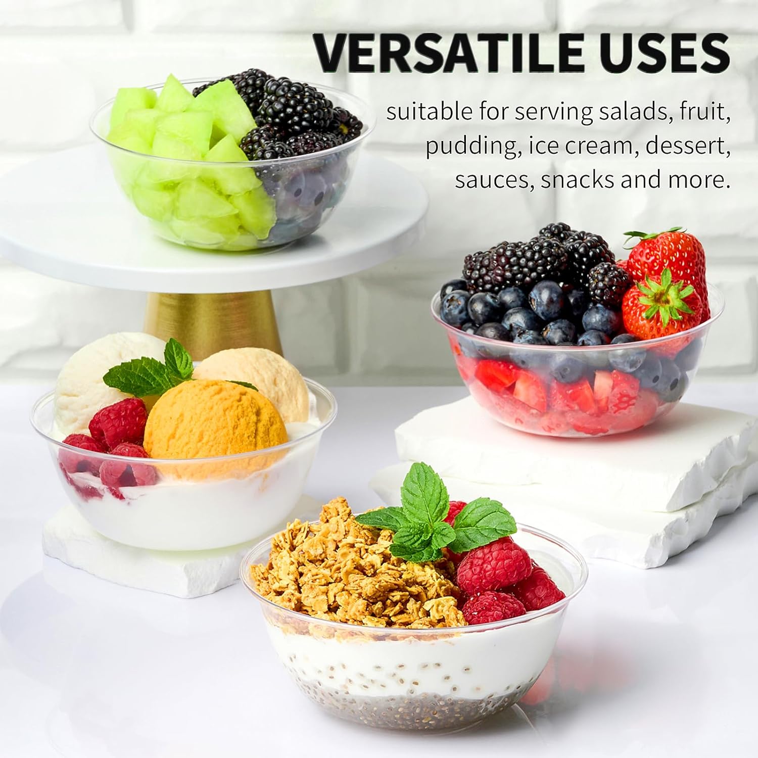 TOFLEN 12 oz Clear Plastic Bowls, 50 Pack Disposable Small Hard Plastic Serving Bowls for Party, Ice Cream, Dessert, Fruit, Appetizer, Soup, Snack, Home or Event Party Supplies