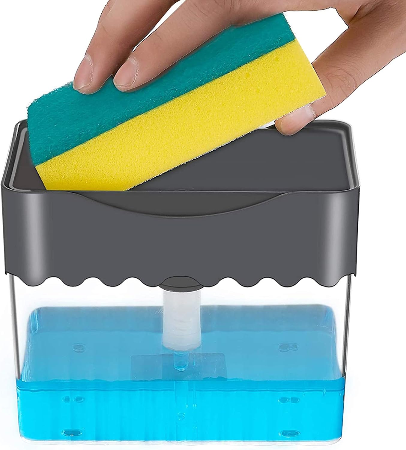 Dish Soap Dispenser for Kitchen Sink with Sponge Holder 1 Pack, 2-in-1 Liquid Soap Dispenser on Countertop with Sponge Holder - Save Soap and Do Dishes Better - Ideal Kitchen Companion-Grey