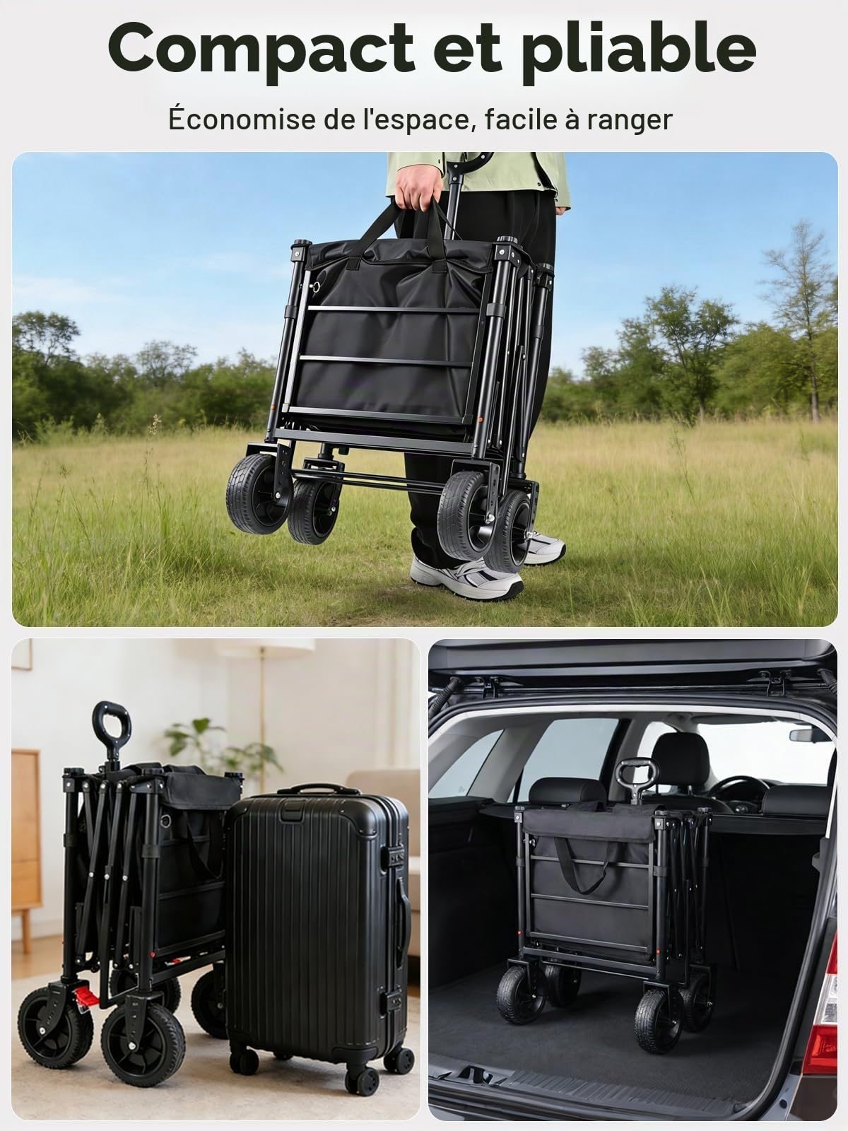 YEAUPE PRO Chariot Pliable 240L 200KG, Chariot de Courses Chariot Tout Terrain À Freins, Hayon Entièrement Rabattable À Plat pour Objets Longs – Idéal pour Courses Et Activités Extérieures