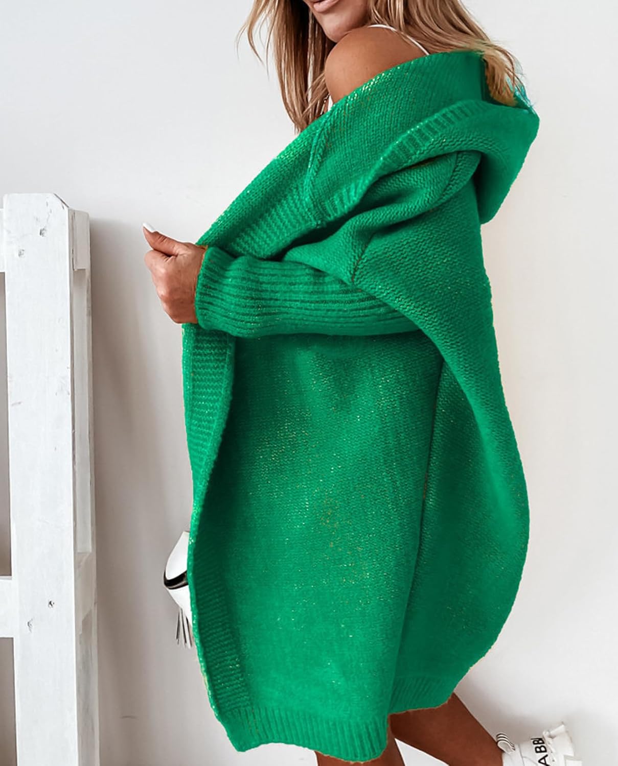 Knitted Hooded Sweater for Womens Casual Open Front Cardigan Winter Sweater Batwing Sleeve Long Sweater Coats - Image 4