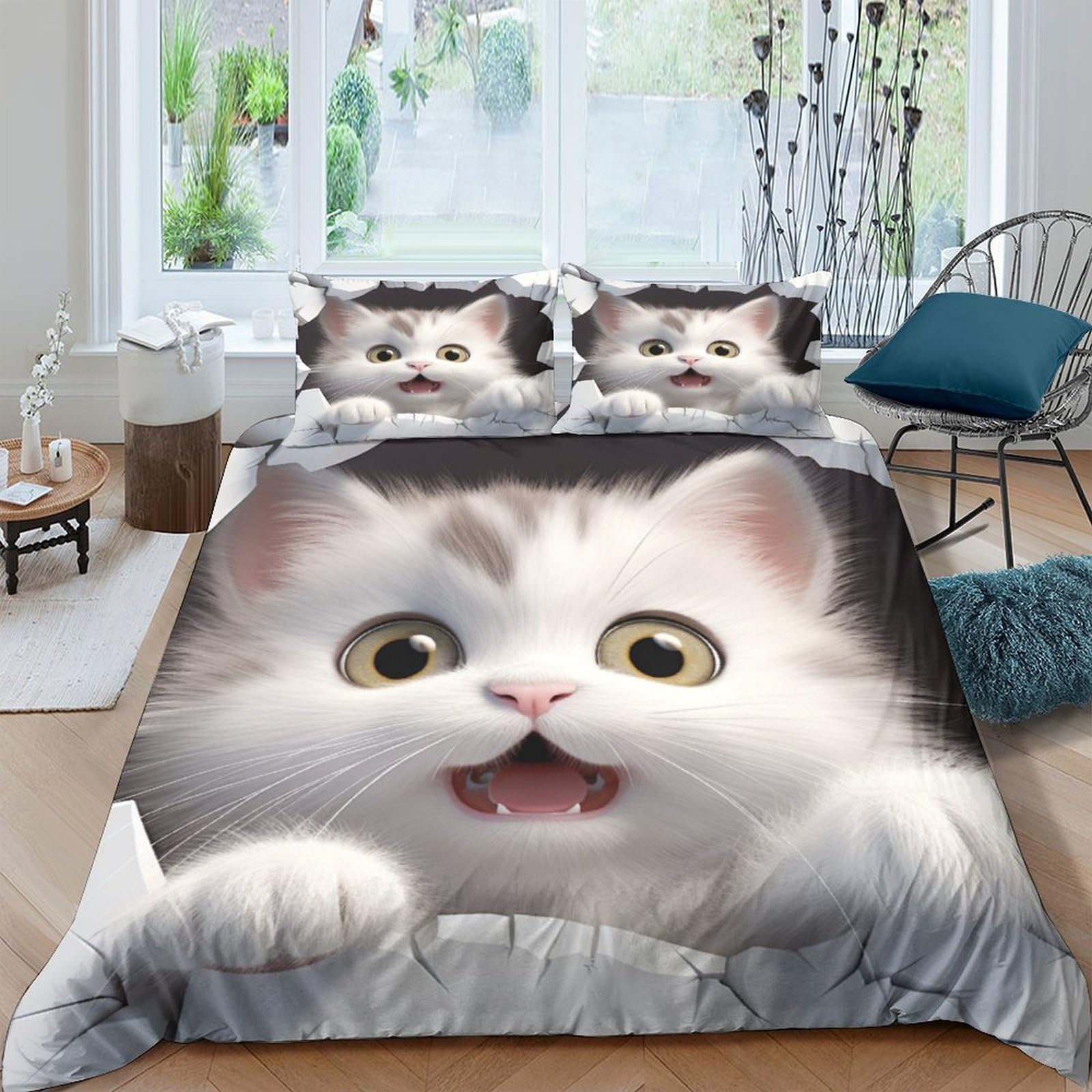 Gato de Dibujos Animados Juego De Ropa De Cama 3 Piezas Juego De Animal 3D Funda De Edredón con Fundas De Almohada De Suave Microfibra con Cremallera para Niños Y Niñas Infantiles Double（200x200cm）
