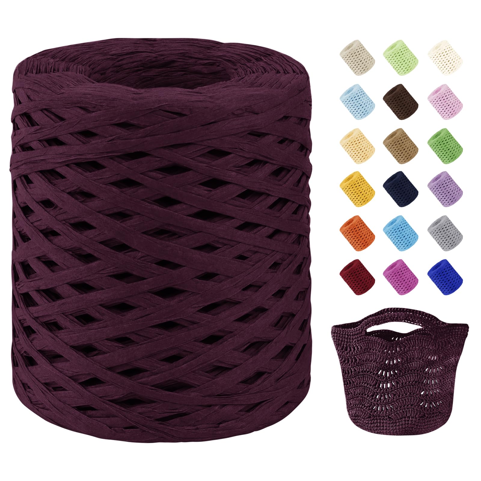 Uiopa Raffia Ribbon for Crochet, 3mm x 200m Raffia Paper Ribbon Straw Crochet Yarn for Crocheting Beach Bags, Sun Hats, Home Decor, DIY Crafts (Wine Red)