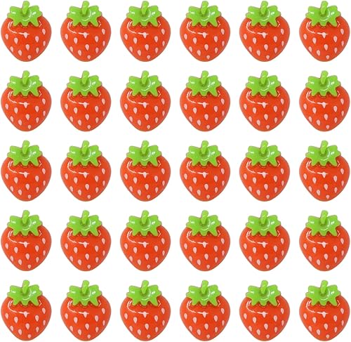Miniatura 6 de Honbay 30 piezas de mini cuentas de resina de fresa con parte trasera plana, lindos dijes de limo de frutas, cabujones de fresa de resina para