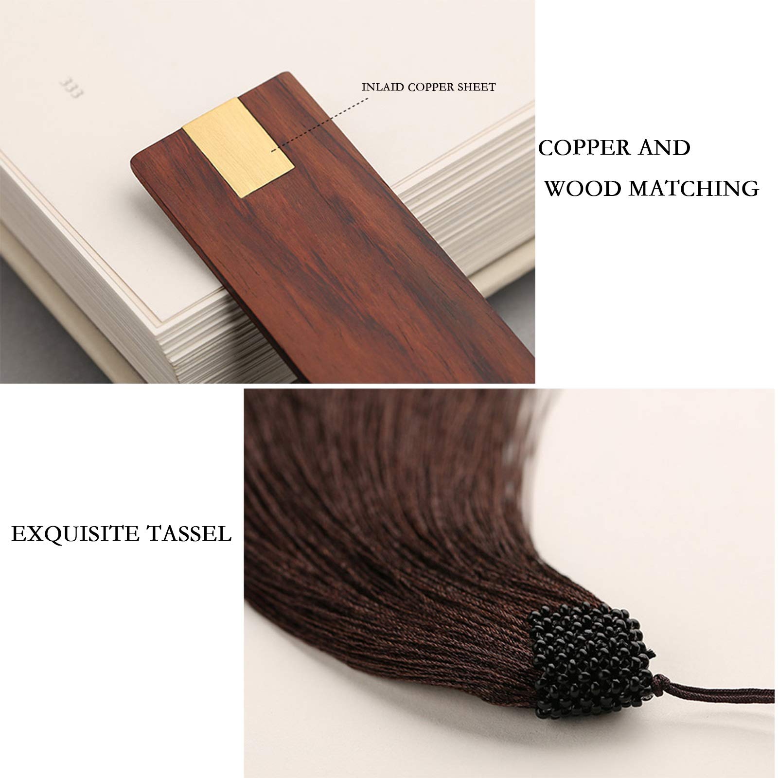 TOMYEUS Zakładka drewniana do książki Inlaid Copper Zakładka ręcznie robiona naturalna zakładka z frędzlami - kreatywny prezent dla osób starszych, antycznych zabytków, zestaw zakładek dla dzieci