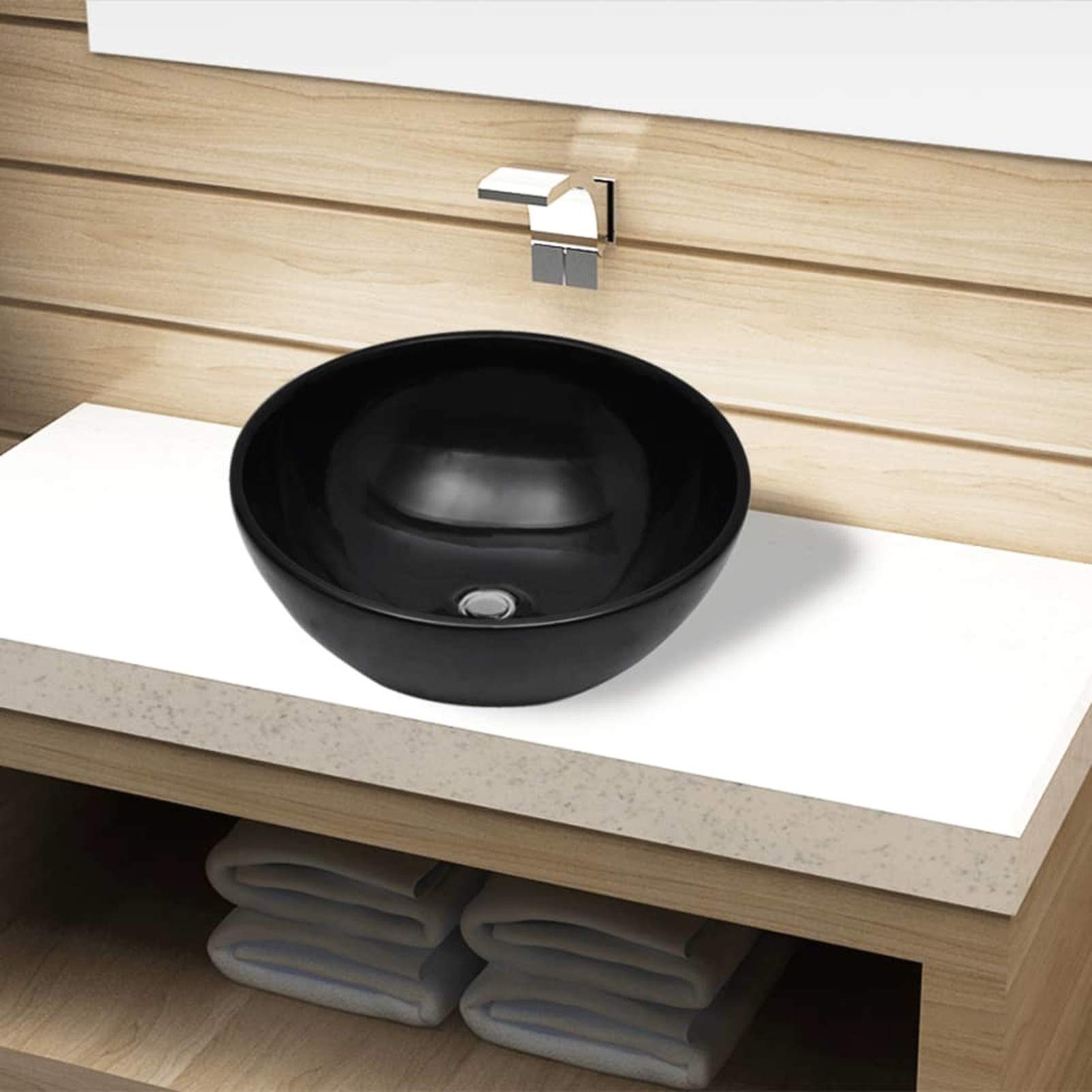 ShGaxin Lavabo, Lavabo sobre Encimera, Lavabo Baño, Mueble Lavabo, Muebles De Baño, de cerámica Negro Redondo