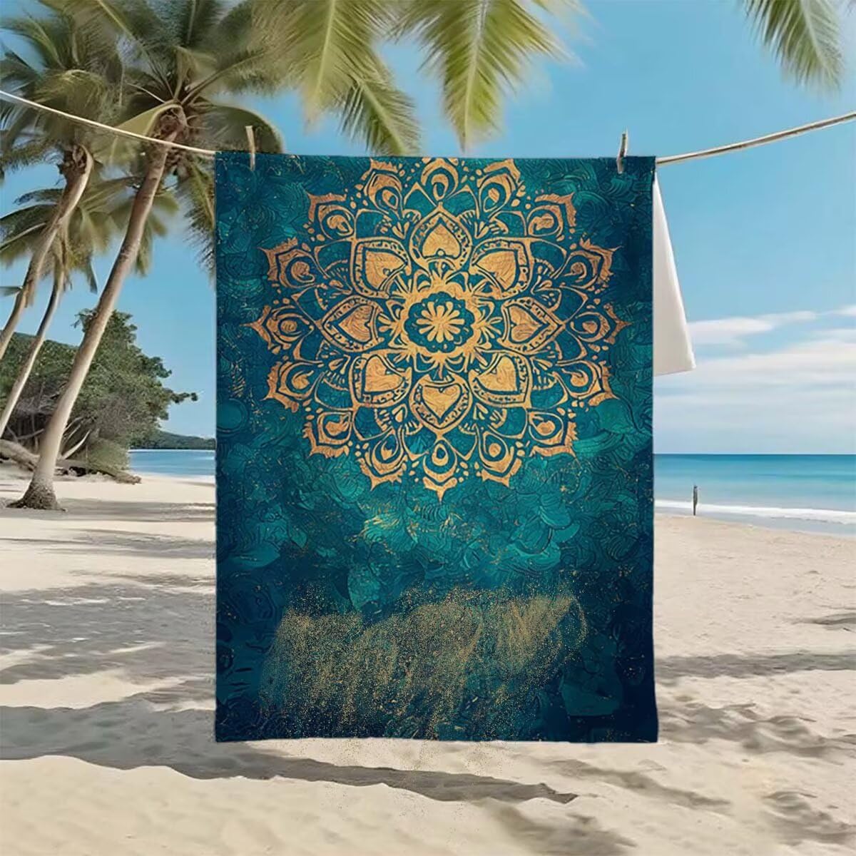 Strandtuch XXL 220x100cm/35x70cm 2er Set Mikrofaser Strandtuch, Schnelltrocknend Strandliege Kompakt Sandfrei Saunahandtuch mit Tasche, Mikrofaser Handtuch für Strand Reise Urlaub (Mandala) H-45