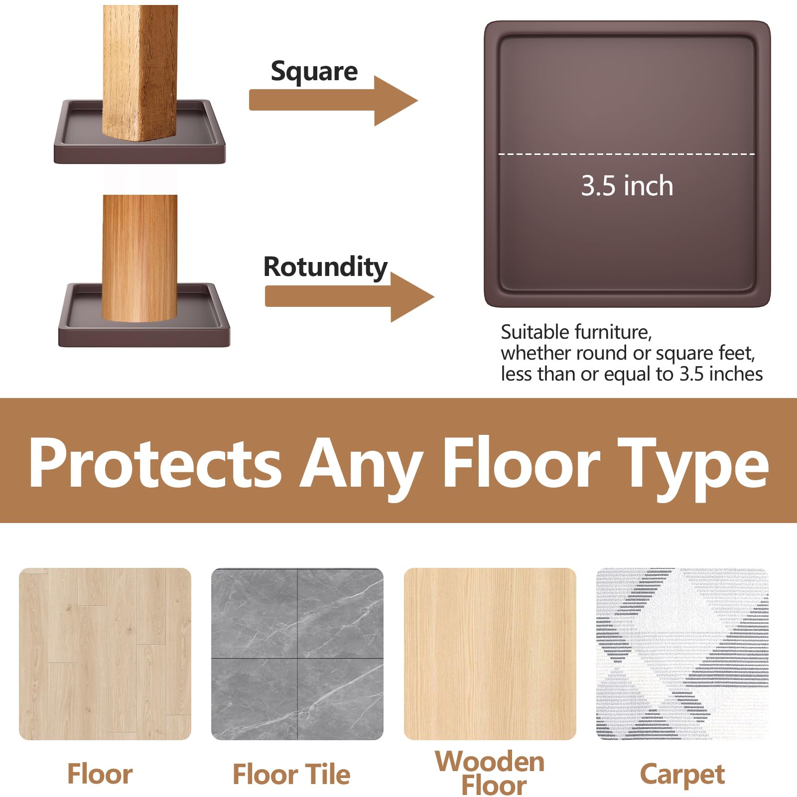 Furniture Coaster Cups - 3.5" Square Rubber Pads, Non-Slip Floor Protectors For Chair, Sofa & Piano Legs (8 Pack, Brown)