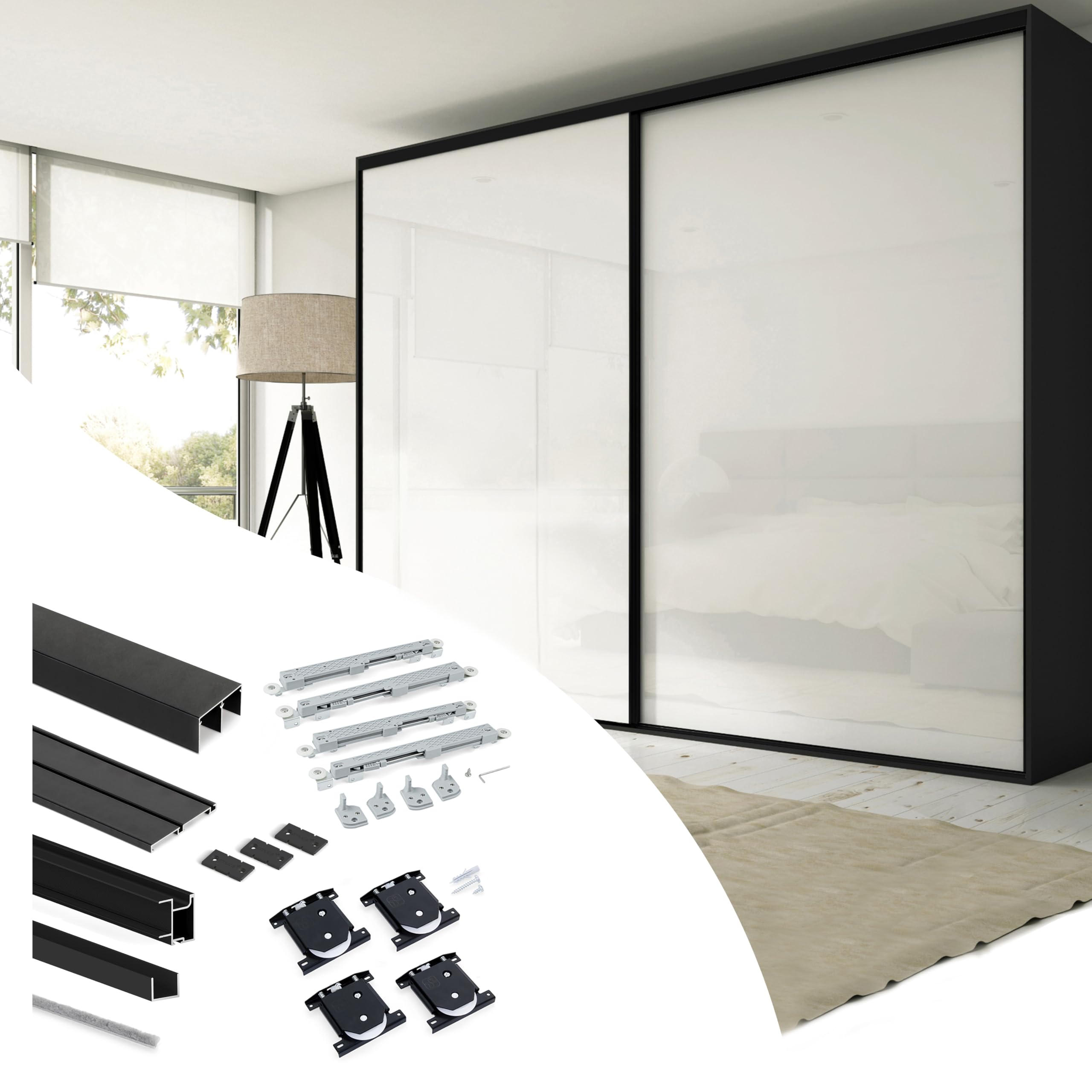 Emuca - Sistema corredero para armario de 2 puertas con perfil tirador Sharp, espesor 19 mm, cierre suave, tableros no incluidos, Negro