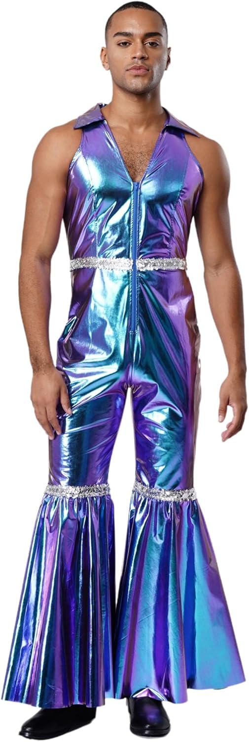 TiaoBug Mens 70s Disco Hippies Costume Shiny Metallic Unitard Sleeveless Bodysuit One Piece Jumpsuits