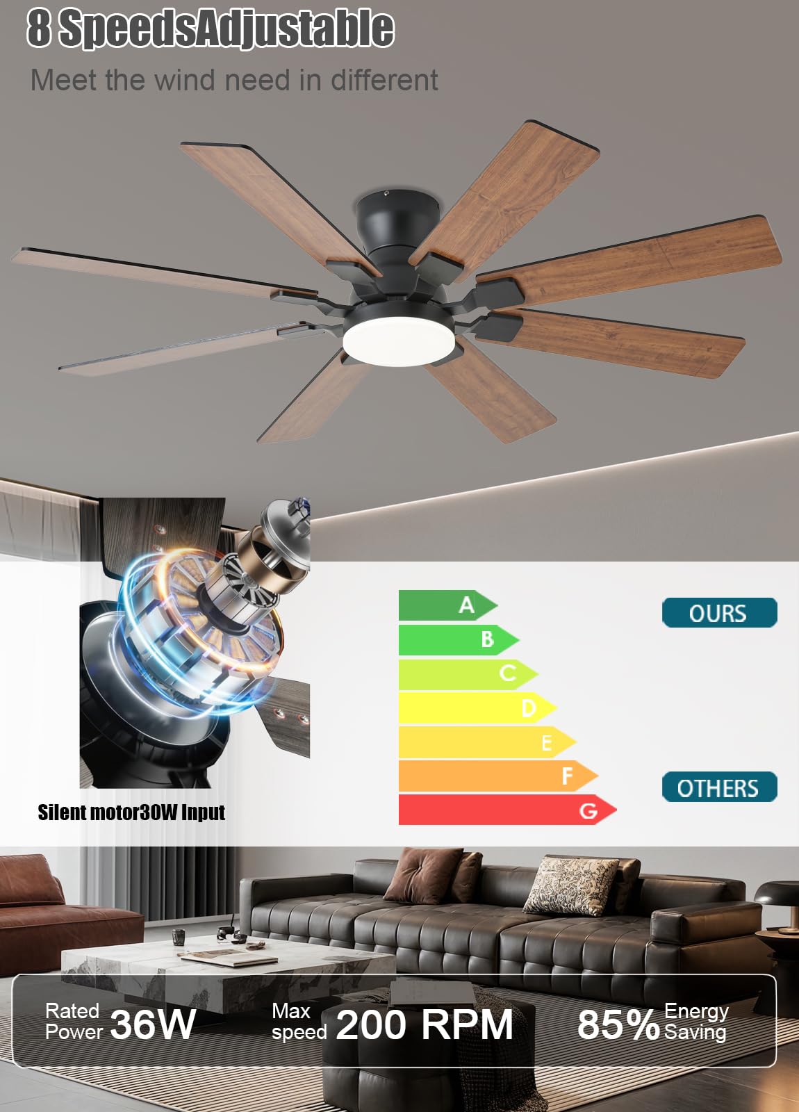 52 inch Ceiling Fan with Light 6 Speeds Reversible Low Profile Ceiling Fan with Light and Remote APP — view 7