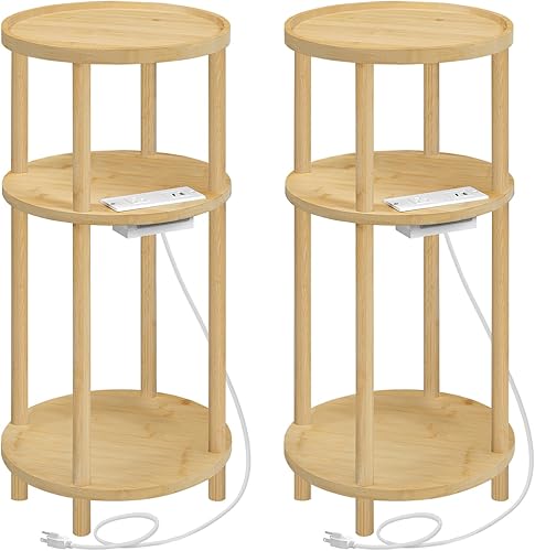 HOOBRO Juego de 2 mesas auxiliares redondas pequeñas con estación de carga, mesas auxiliares redondas de bambú de 3 niveles, fácil montaje, para