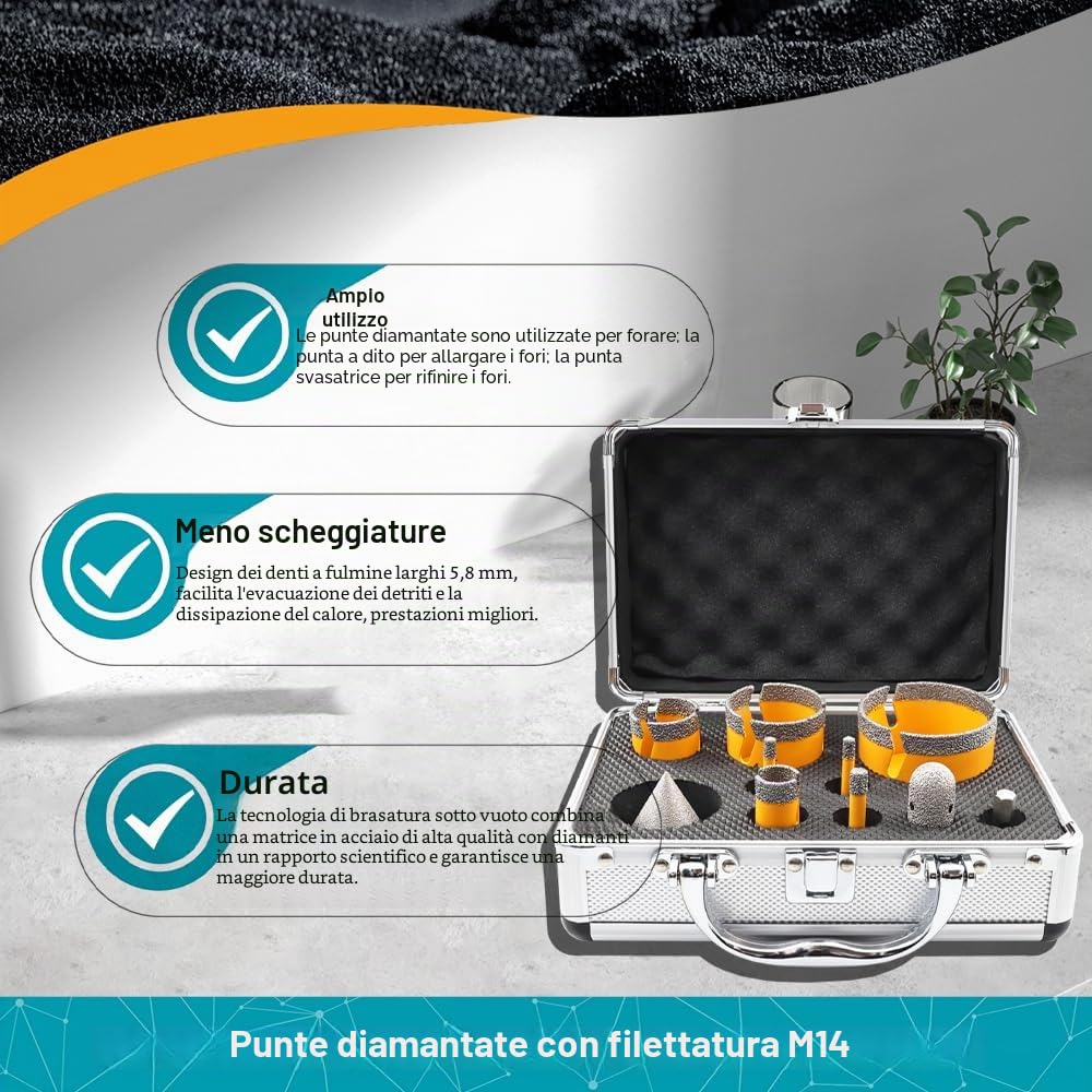Punte Diamantate Gres Porcellanato 10 Pezzi - 6/6/8/20/35/50/68mm Punte Trapano, 20mm Fresa, 50mm Punte Smusso, Adattatore per Porcellana Piastrelle Ceramica Marmo Granito