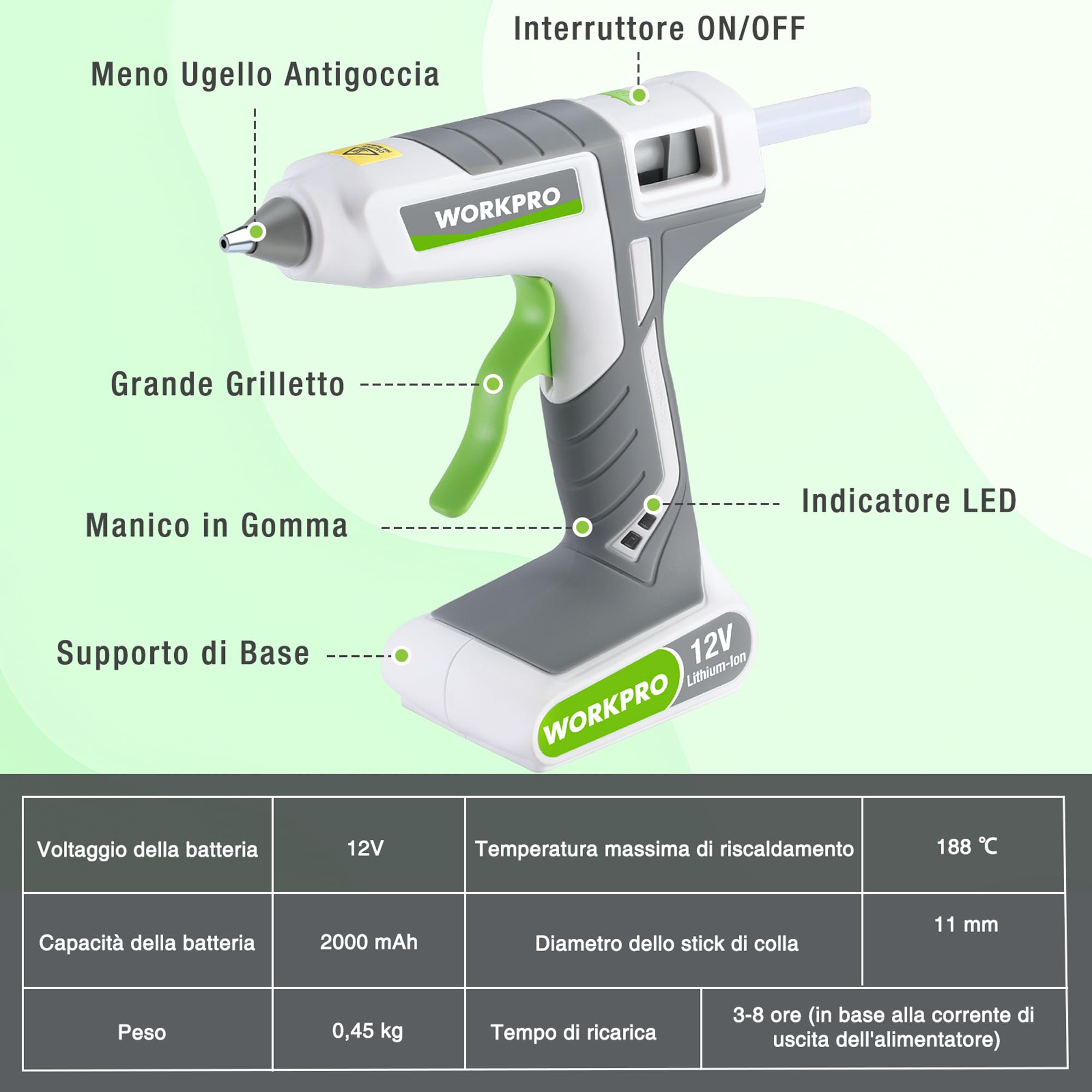 WORKPRO Pistola Colla a Caldo, Pistola per Colla a Caldo Senza Fili da 12 V, con 20 Stick di Colla (11 * 200 mm), Preriscaldamento Rapido, per Fai da Te
