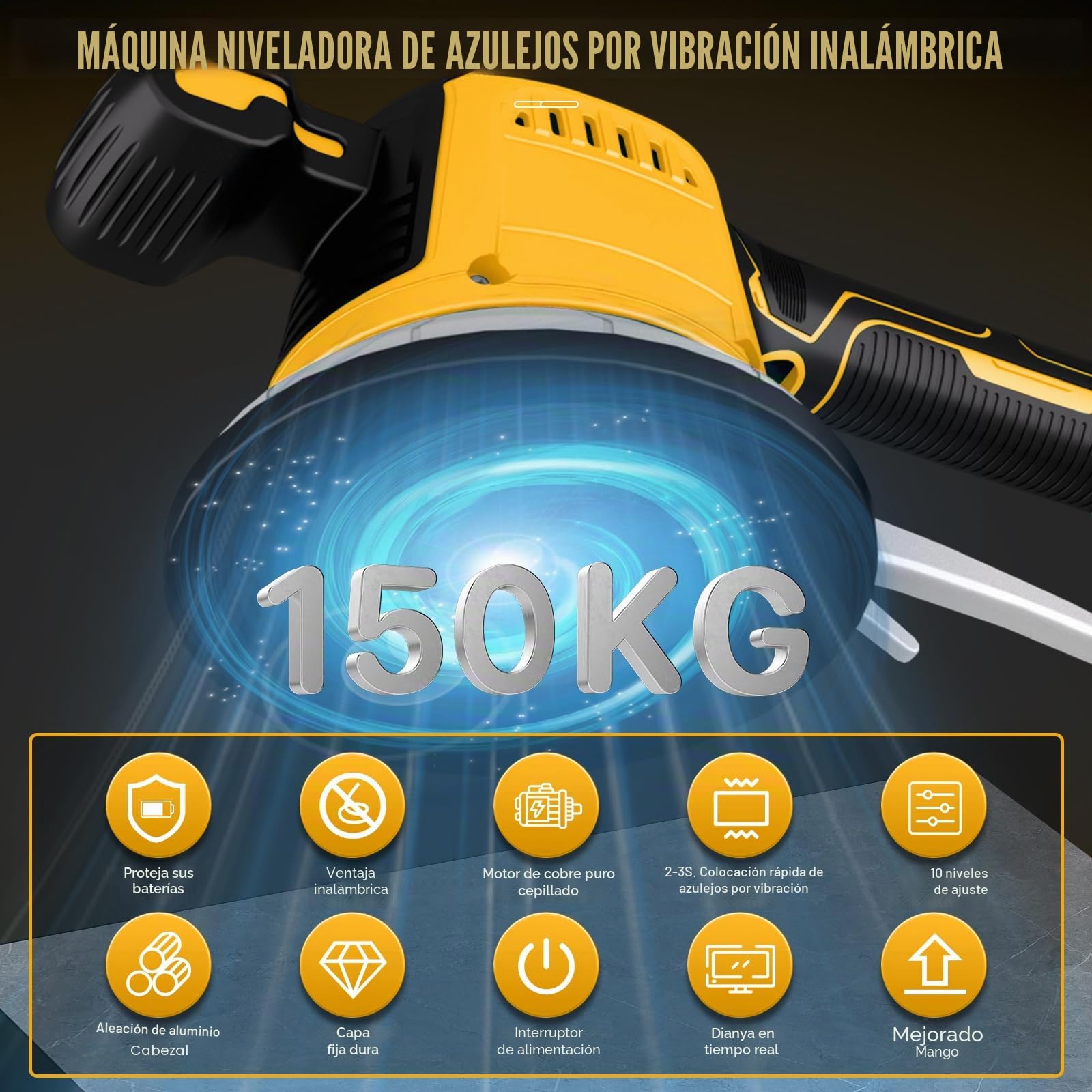 Vibrador Baldosas sin Cable Compatible con Dewalt 18V,20v, Maquina Vibratoria para Azulejos, 160Kg Adsorción, Niveladores Azulejo 10 velocidades, Ventosa de 14,8cm, para Colocar Baldosas